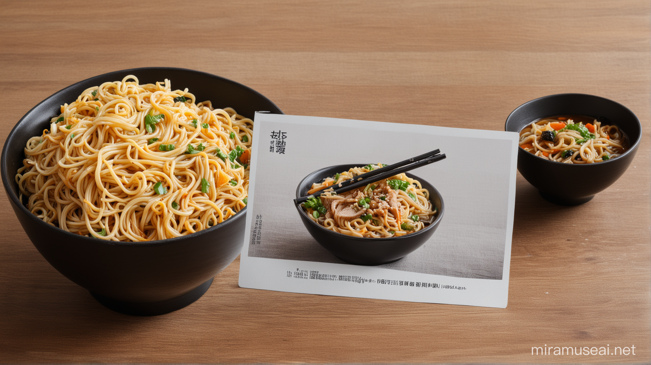 a postcard placed on a table right next to a bowl of noodles in a black bowl