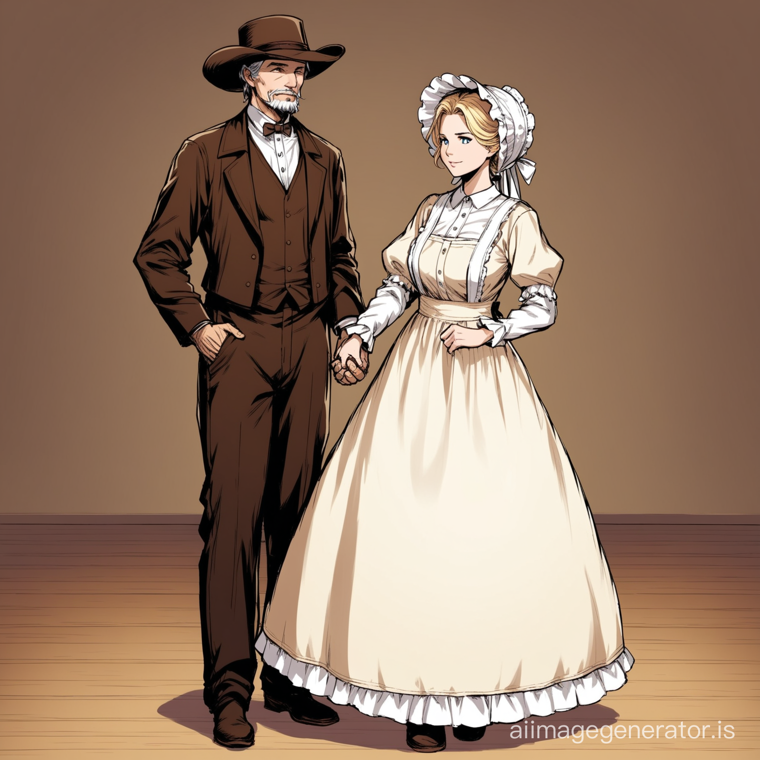 Susan Storm from the FF4 dressed as an old west farmer's wife wearing a brown floor-length loose billowing old west poofy modest dress with a long apron and a frilly bonnet hand in hand with an old farmer dressed into a black suit who seems to be her newlywed husband