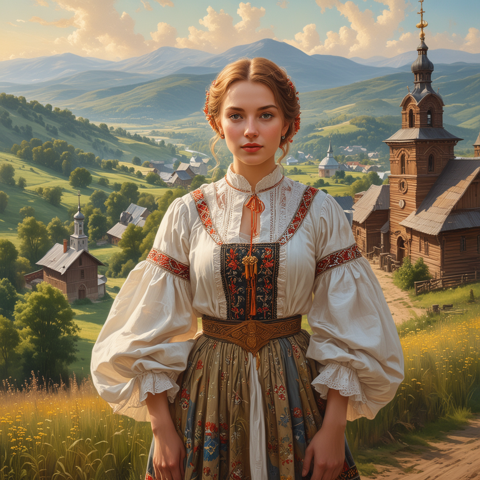 A beautiful woman, dressed in traditional Ukrainian attire from the interwar period, is the focal point of the painting. In the background, the majestic Bieszczady Mountains, and in the distance, a wooden church from the sixteenth century, which adds to the scenery a magical atmosphere and delights with its architecture and preserved historical elements. The woman’s outfit impresses with details, and the whole composition takes the viewer to an era full of charm and mystery. An aura of magic floats in the air, giving the scene a unique, almost fairy-tale character.