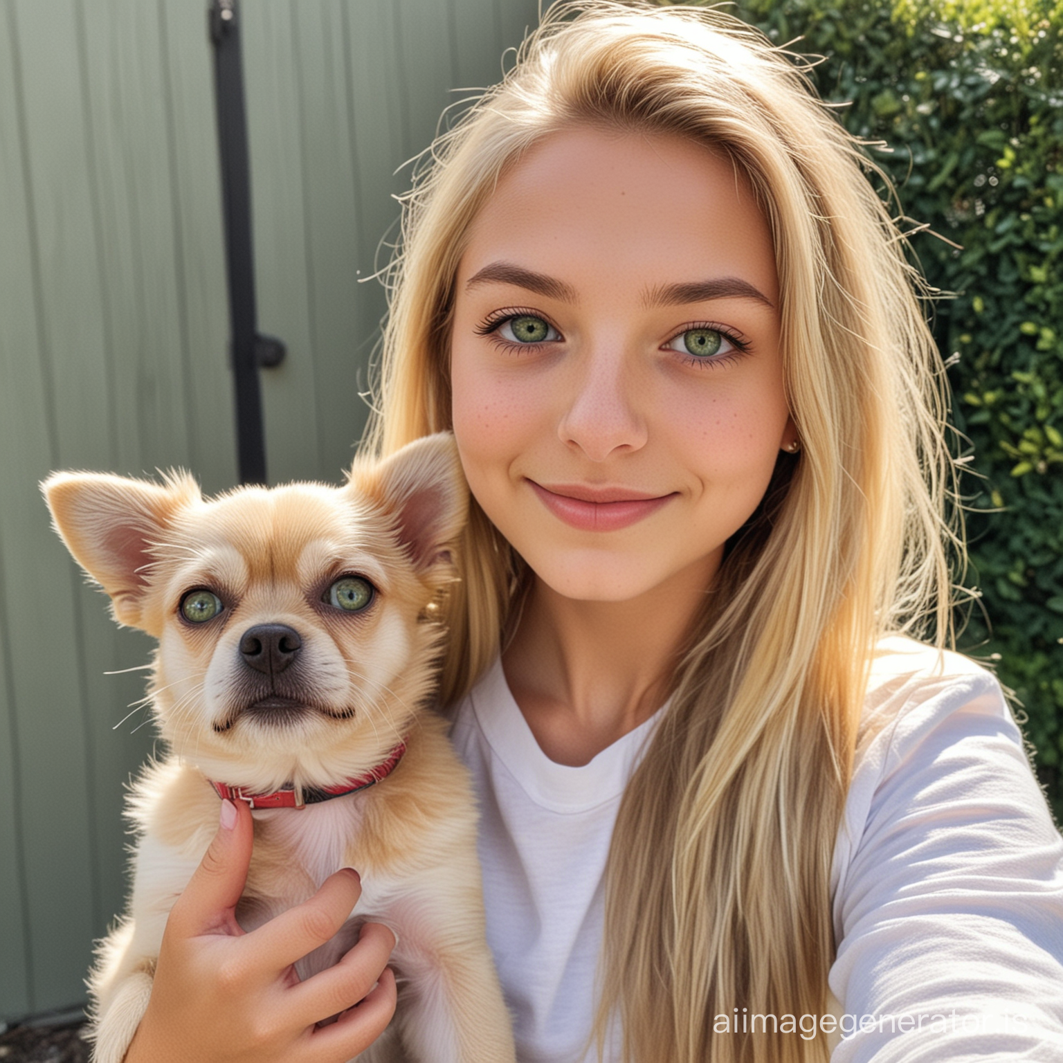 female, 14 years old, blonde hair, green eyes, taking selfie, full body, outside, holding small dog