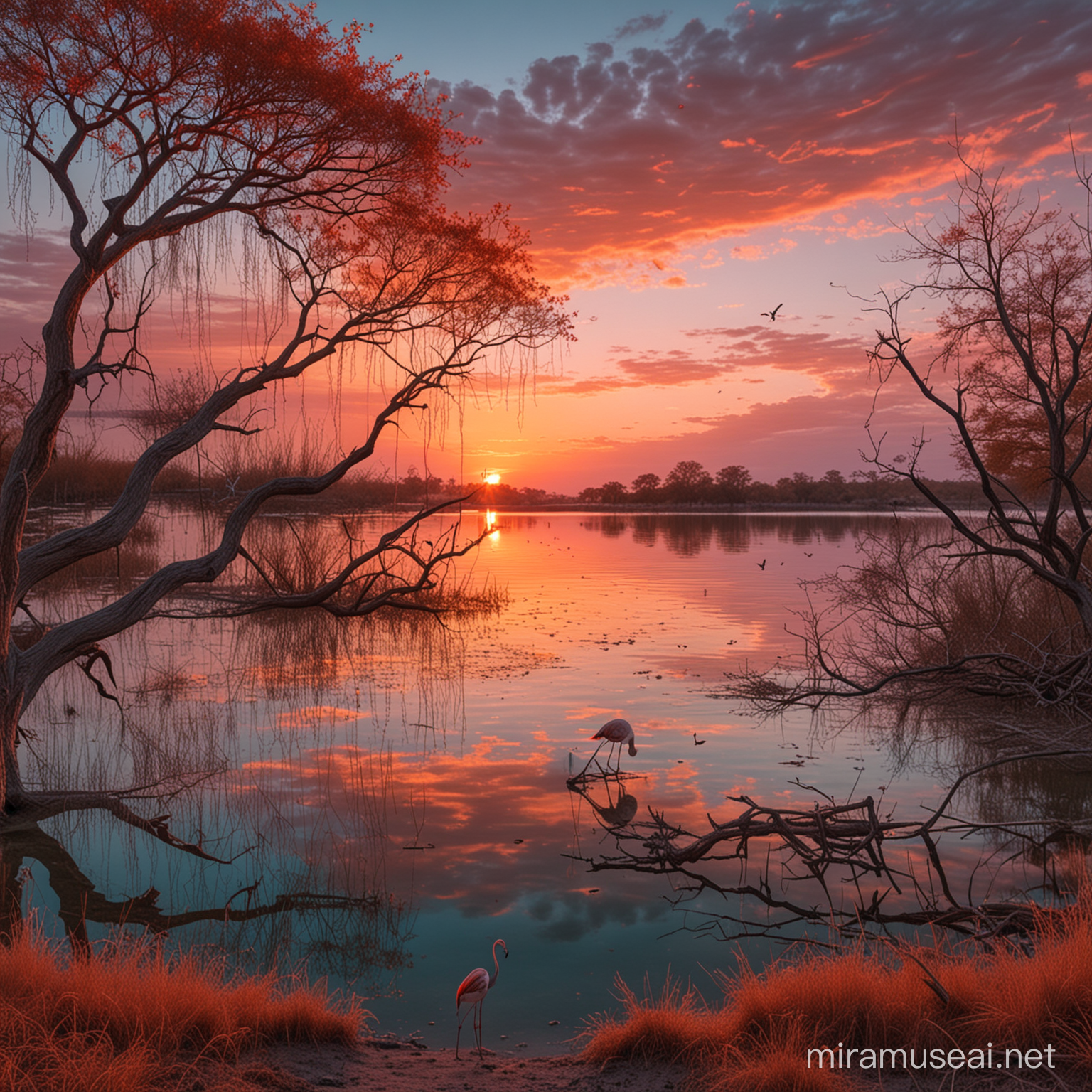 Hay un lago de aguas color azul turquesa.  Se ve una puesta de sol con el cielo rojo. En la orilla del lago hay un cerebro muy grande que está en la parte central. A la derecha se ve un árbol con las ramas secas llenas de telarañas y con una gran araña. A la izquierda hay un flamenco de patas muy, muy largas.