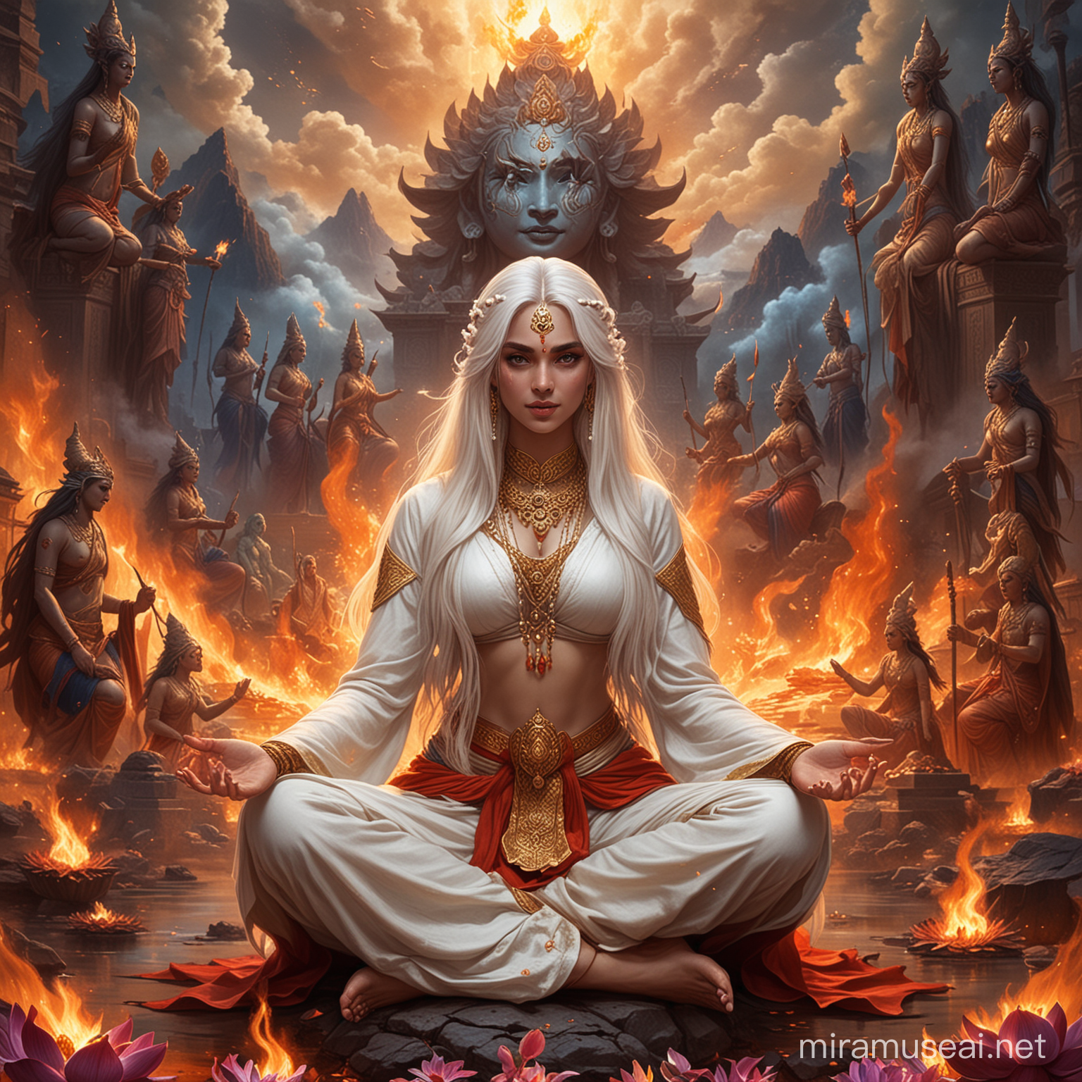 Empress Goddess Surrounded by Fire and Demonic Hindu Goddesses