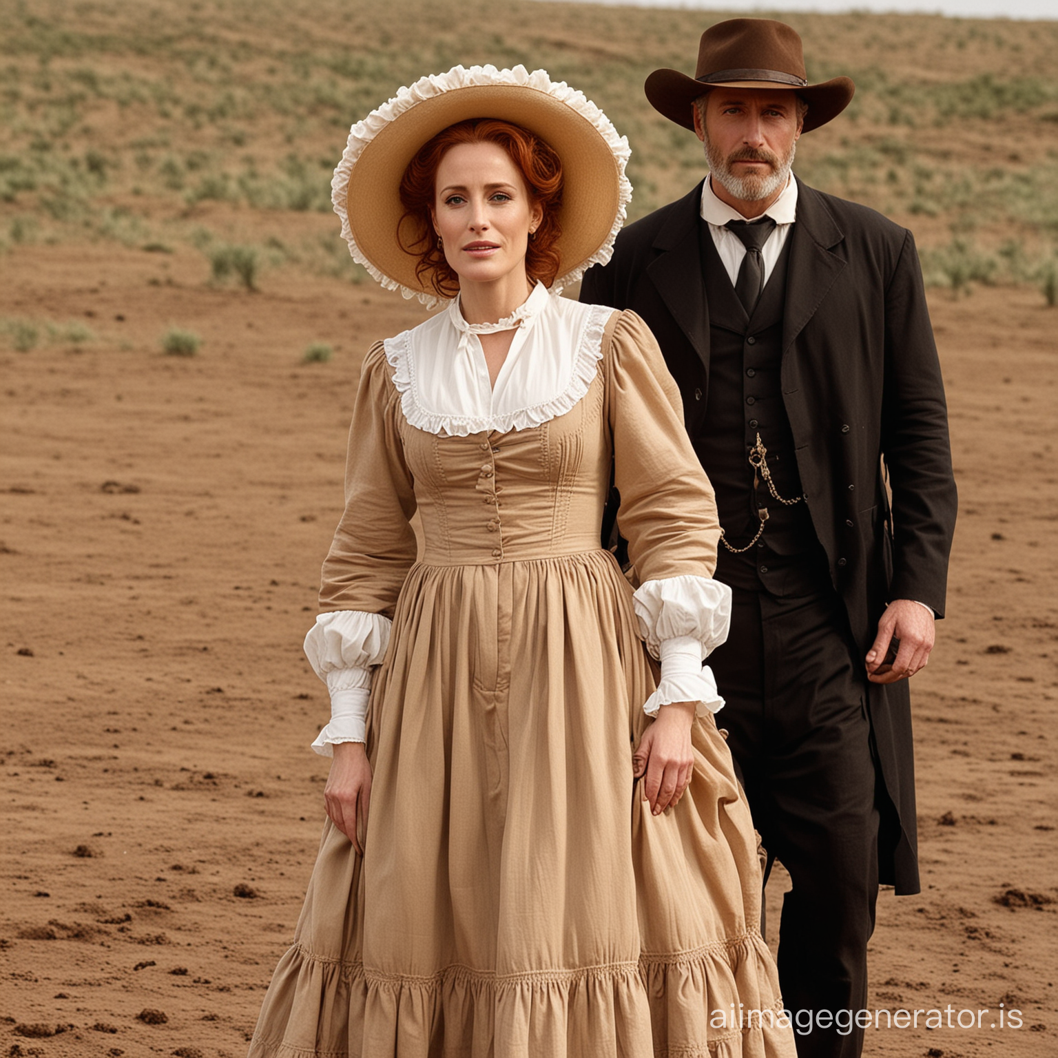 red haired Gillian Anderson dressed as an old west farmer's wife wearing a brown floor-length loose billowing old west poofy modest dress with a long apron and a frilly bonnet hand in hand with an old farmer dressed into a black suit who seems to be her newlywed husband