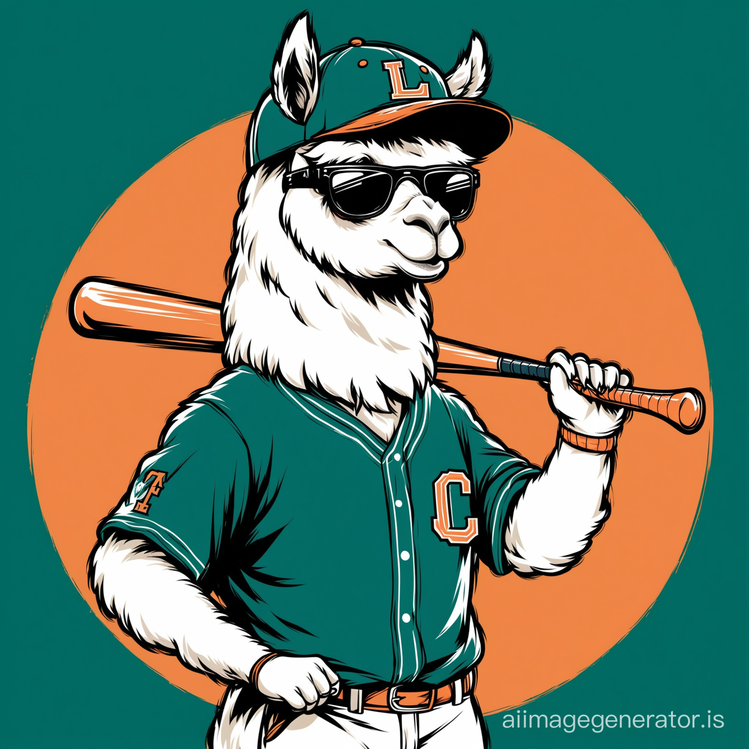 A llama baseball a wearing sunglasses and a baseball hat is depicted, holding a baseball bat and a baseball ball. The background is black. vector design. Vintage color