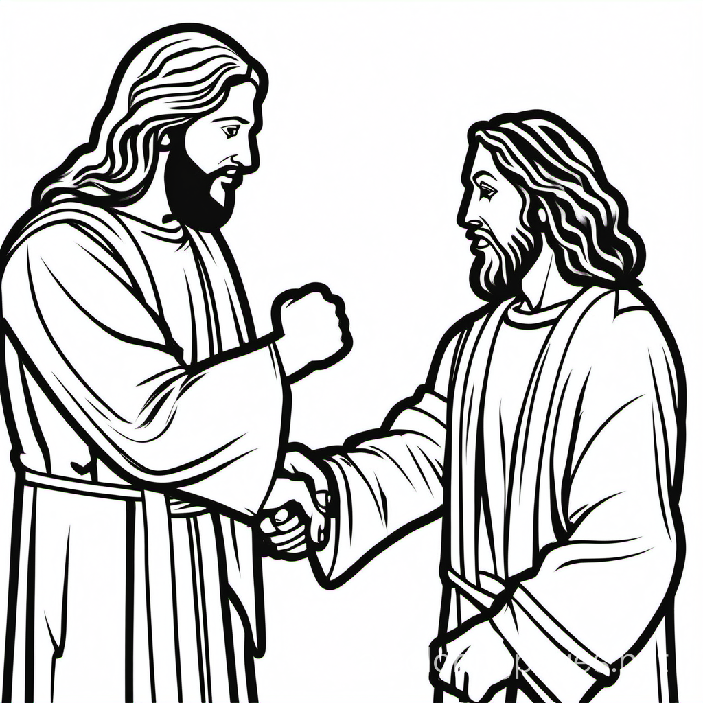 Jesus Christ giving a fist bump to one of his disciples, Coloring Page, black and white, line art, white background, Simplicity, Ample White Space. The background of the coloring page is plain white to make it easy for young children to color within the lines. The outlines of all the subjects are easy to distinguish, making it simple for kids to color without too much difficulty