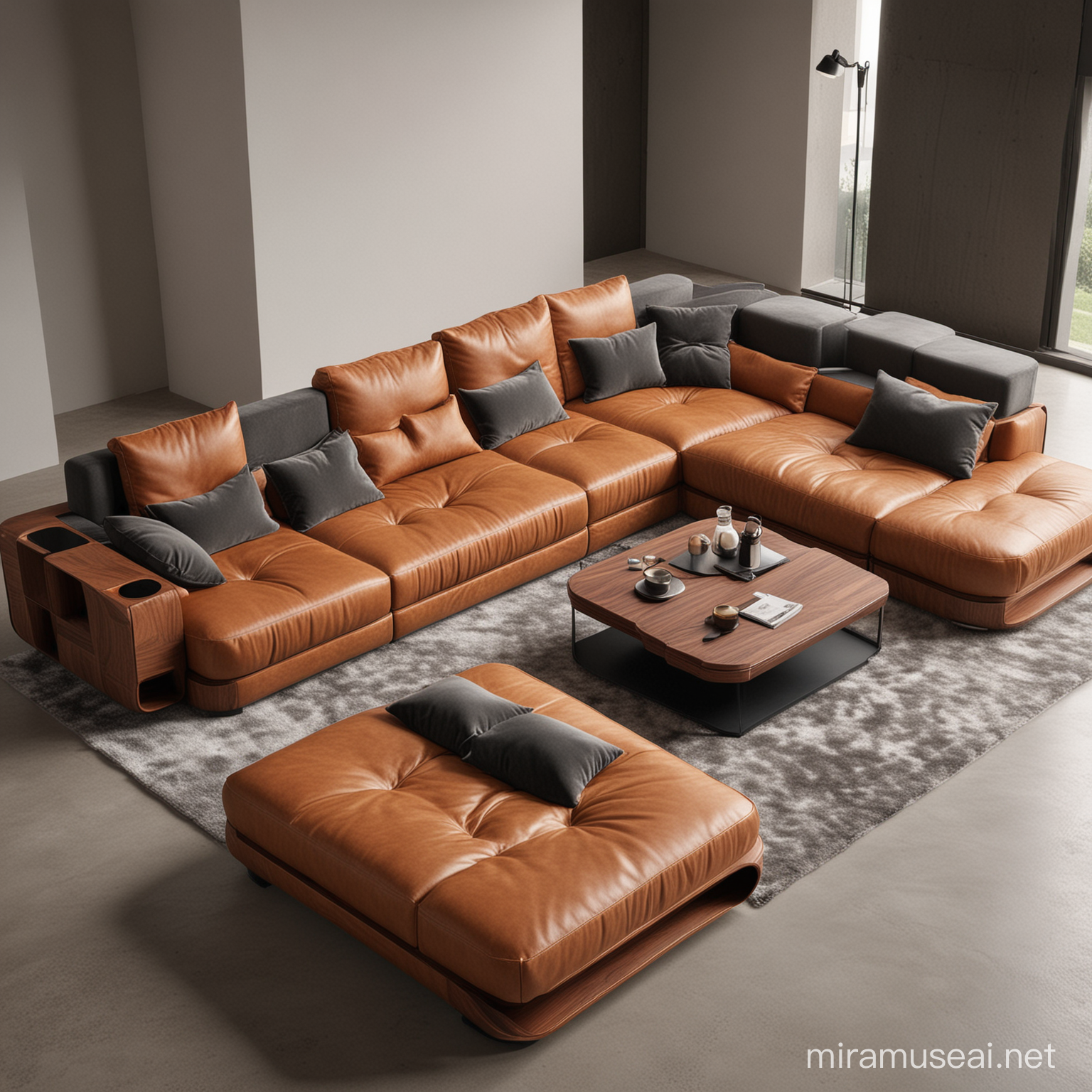 Futuristic Modular Sofa Set in Real Leather and Olive Fluff Fabric