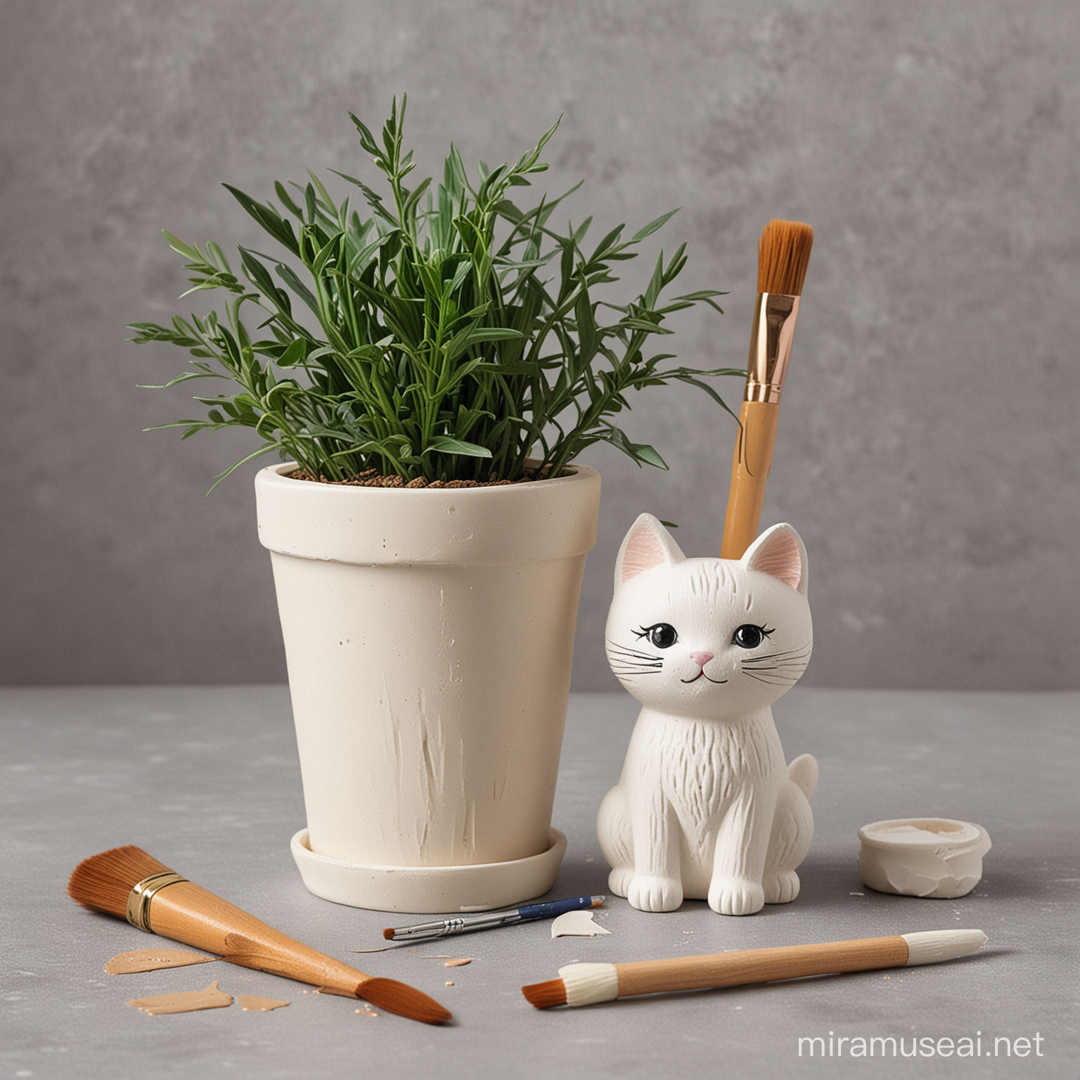 CatShaped Plaster Painting Set with Kitty Planter and Brushes