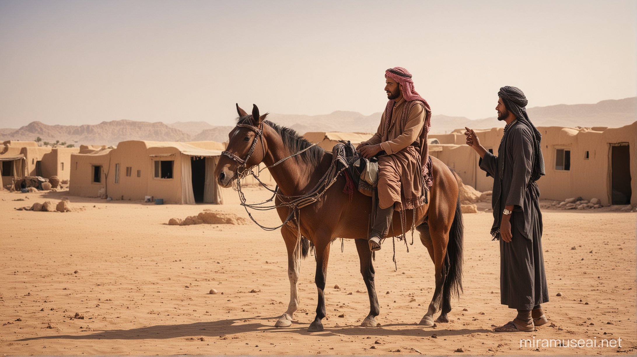 creat an image about A Bedouin and man with a horse near his house