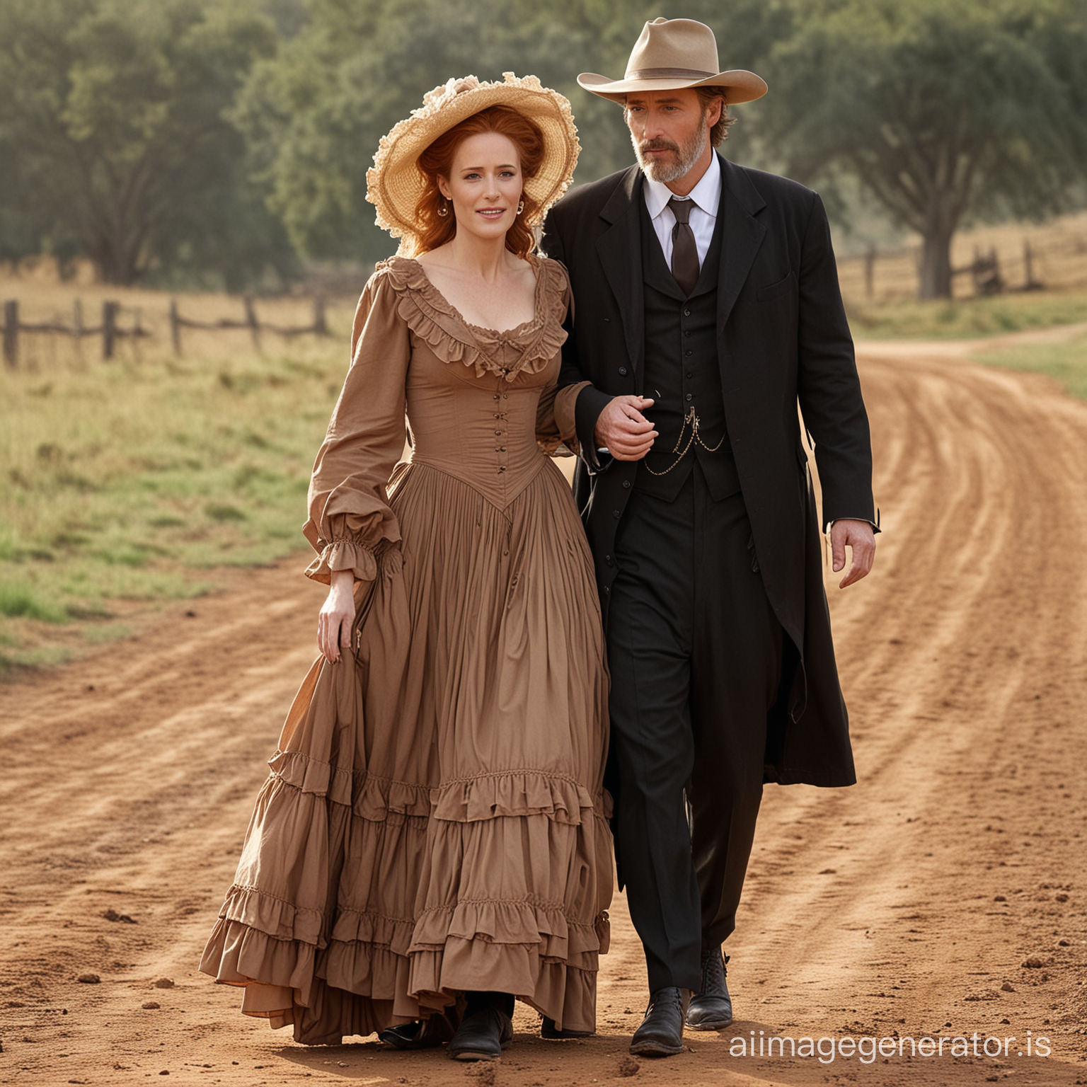red haired Gillian Anderson dressed as an old west farmer's wife wearing a brown floor-length loose billowing old west poofy modest dress with layers upons layers of petticoats a long apron and a frilly bonnet hand in hand with an old farmer dressed into a black suit who seems to be her newlywed husband