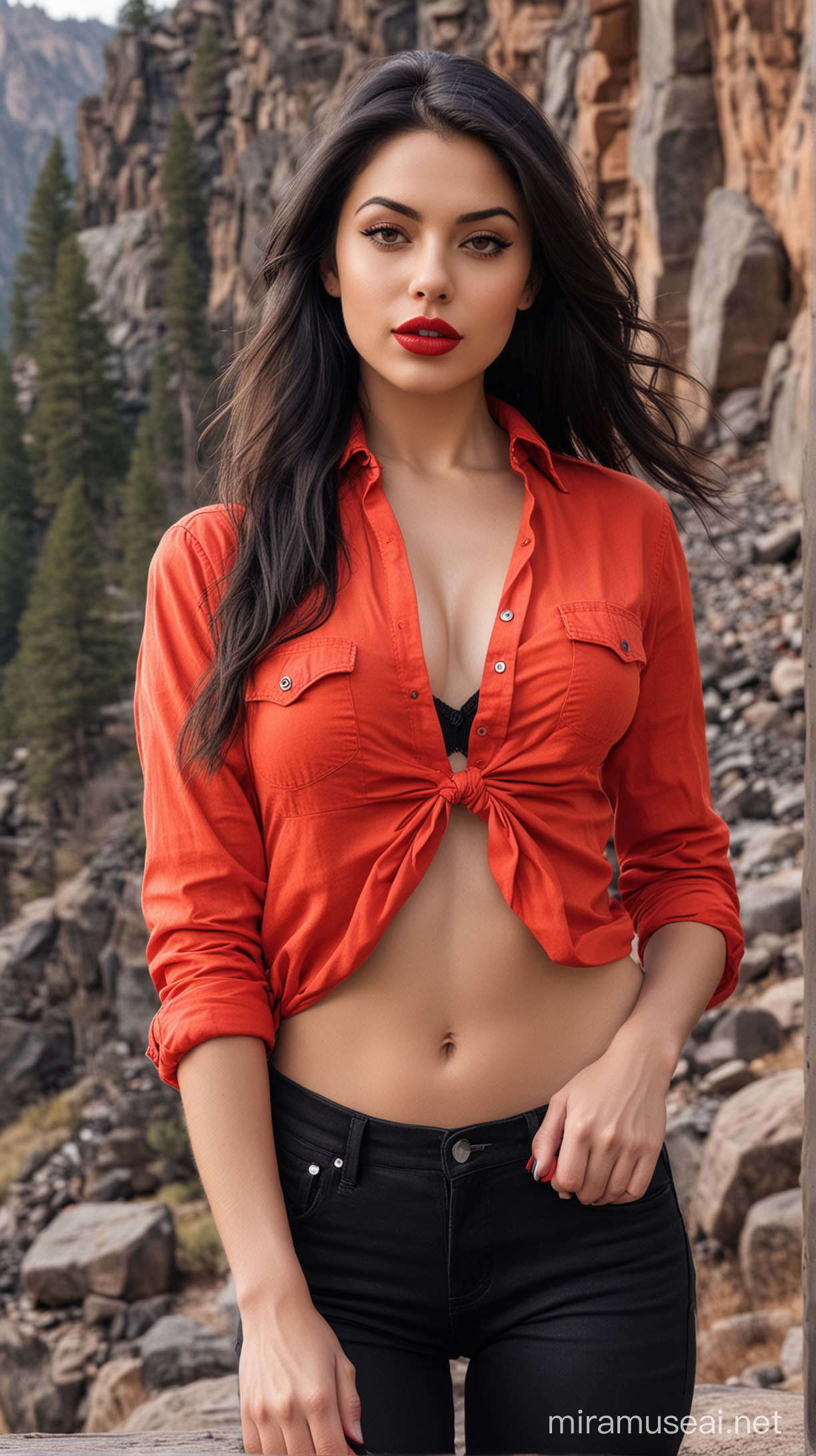 4k Ai art front view beautiful USA girl black open hair red lipstick ear tops black jeans and orange and red shirt with bra in usa rocky mountain beauty