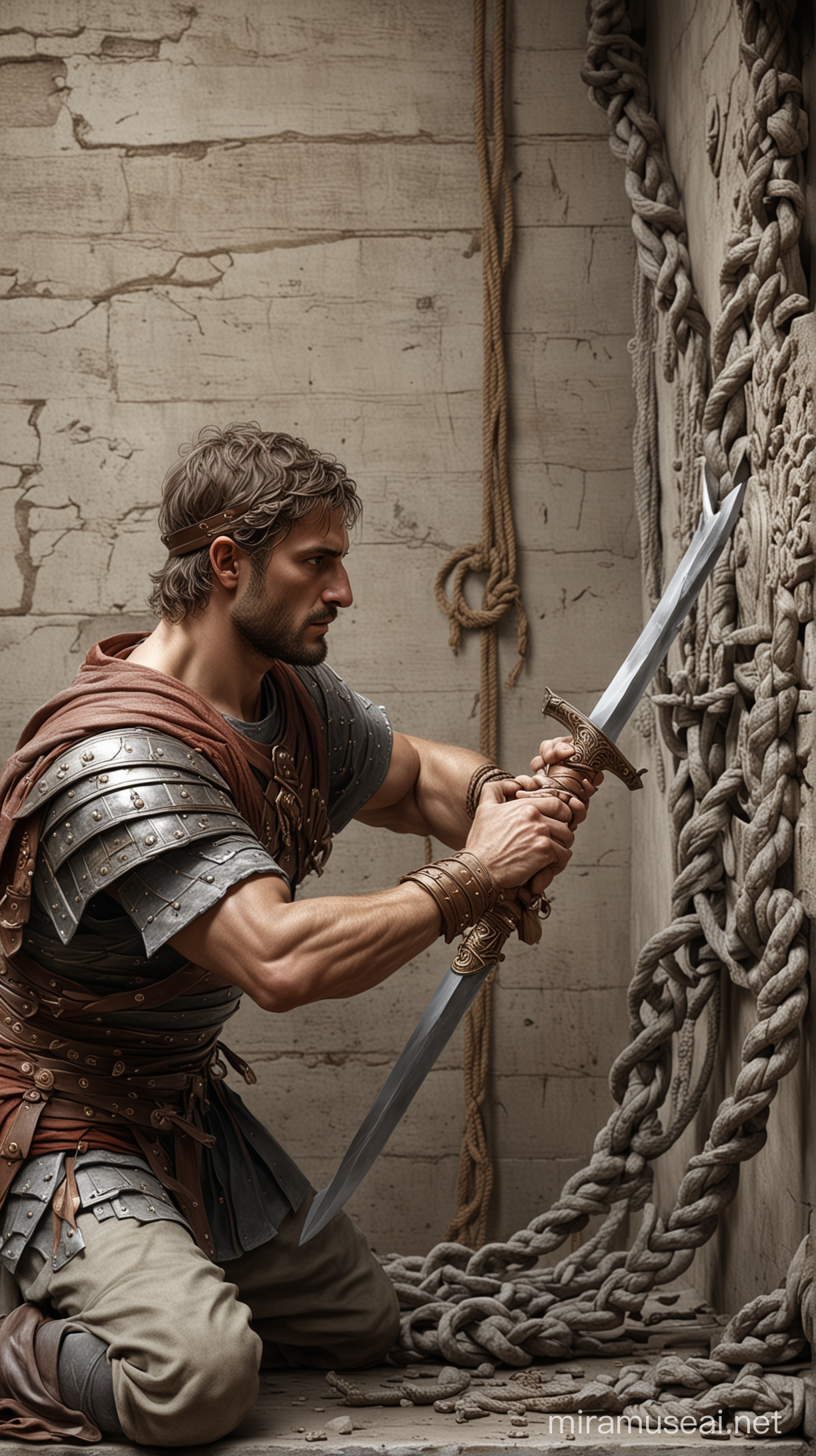 Illustration of Alexander drawing his sword to cut through the Gordian knot, solving the problem with force.Hyper realistic