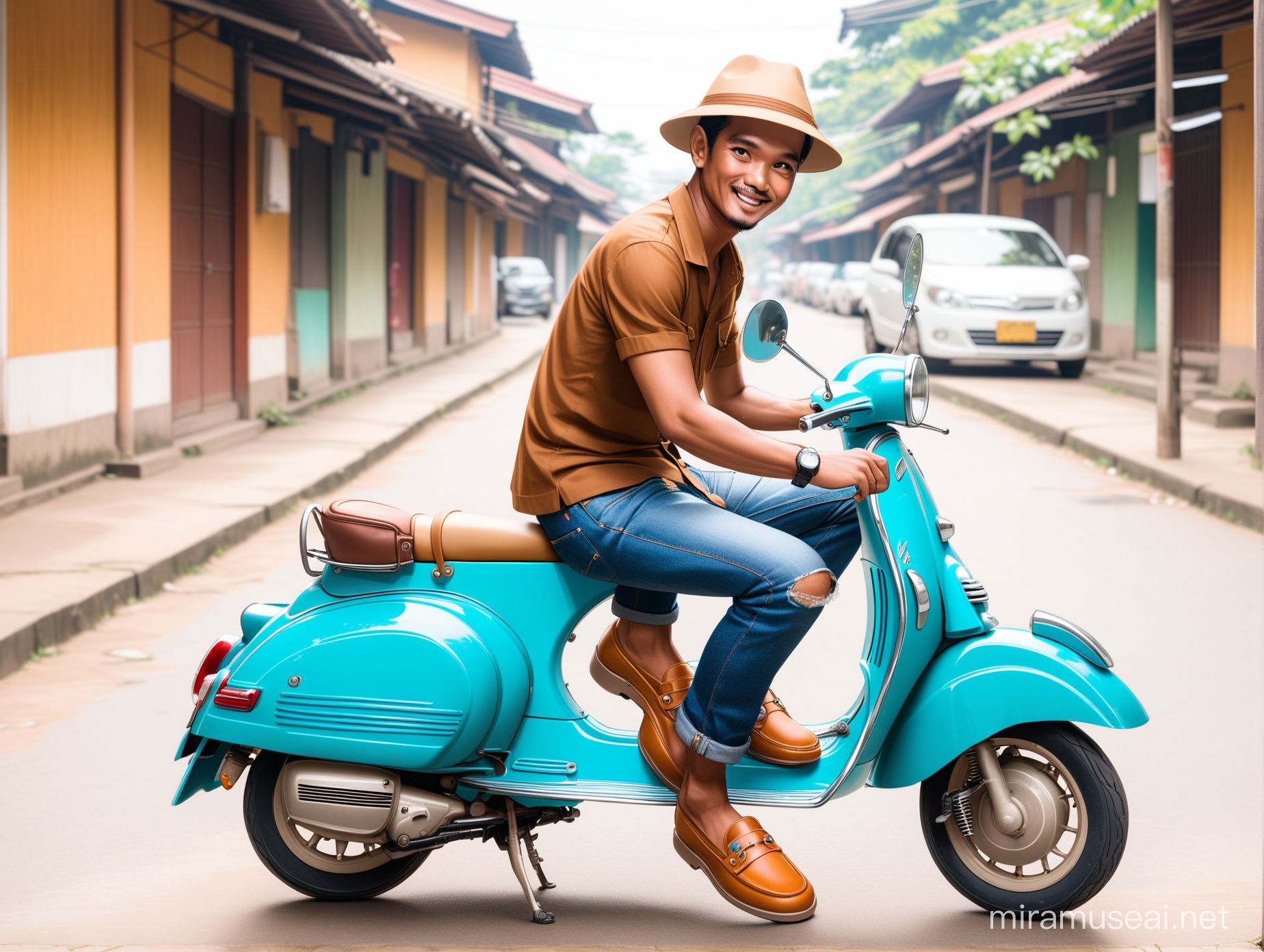 Indonesian Man Riding Vespa in Stylish Jeans and Cat Shoes