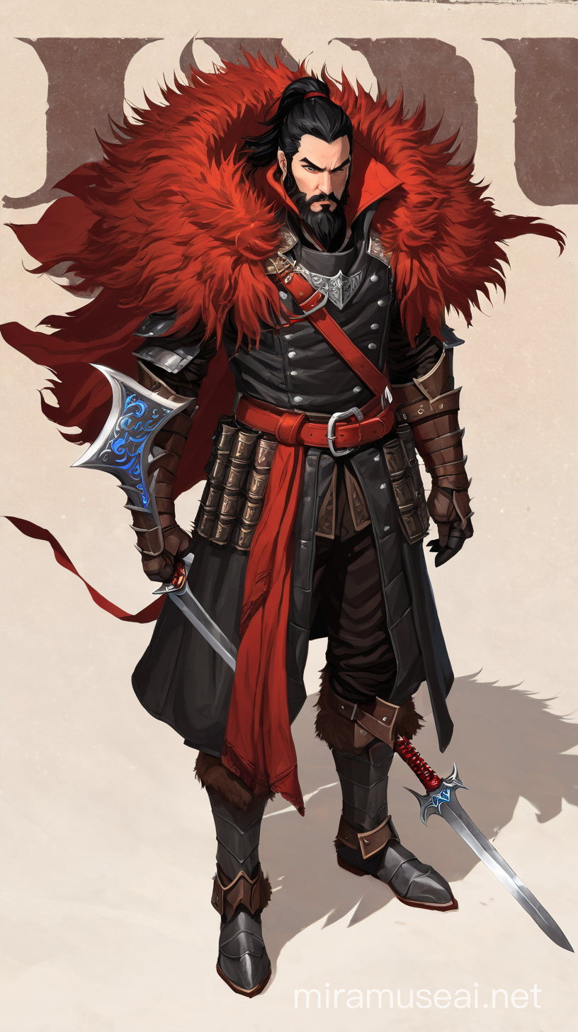 Angry fantasy warrior, black hair, white skin, blue eyes, black beard, long black leather trenchcoat, red cloth belt. Spiked plate-armored gauntlets and greaves, bare chest, red-brown fur shoulders, curved crimson sword in right hand.  No helmet. Full character shot