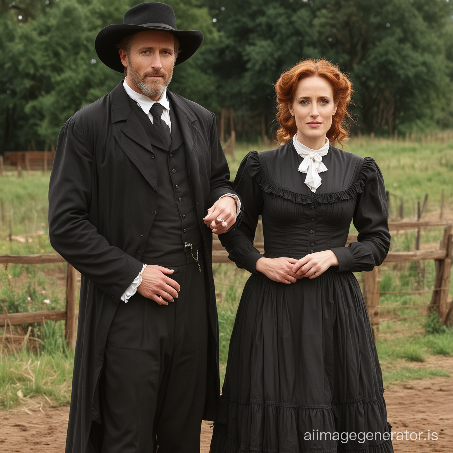 red haired Gillian Anderson dressed as an old west farmer's wife wearing a black floor-length loose billowing old west poofy modest dress with layers of petticoats a long apron and a frilly bonnet hand in hand with an old farmer dressed into a black suit who seems to be her newlywed husband