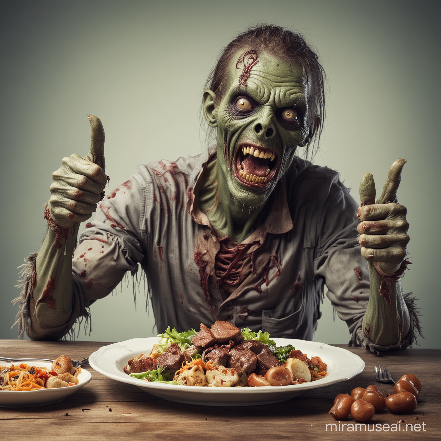 Happy zombie eating dinner giving a thumbs up


