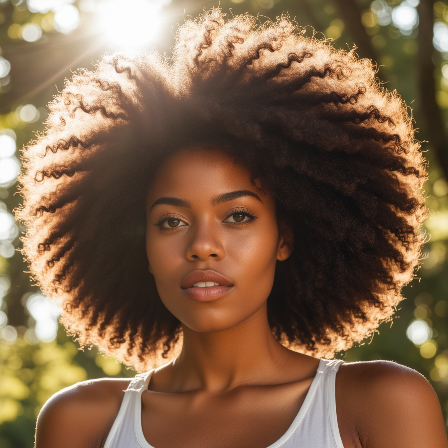 a young beautiful black woman with a big beautiful afro. She is outside in nature. The sun is shining on her.