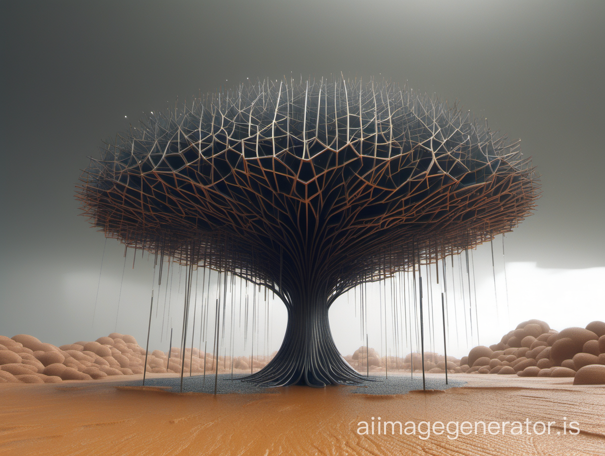 year 2500, one parametric designed tree standing in dessert while it rains

