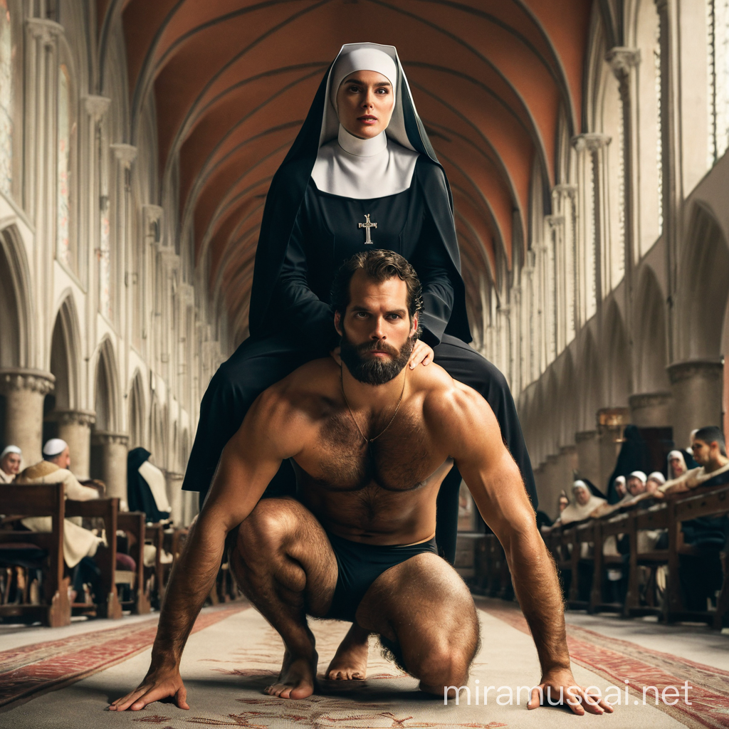 Young feminine woman nun sitting on the back of actor Henry Cavill. Cavill, shirtless, rag underwear, very hairy body and chest, very bearded, looking serious. Nun in nun's clothes.