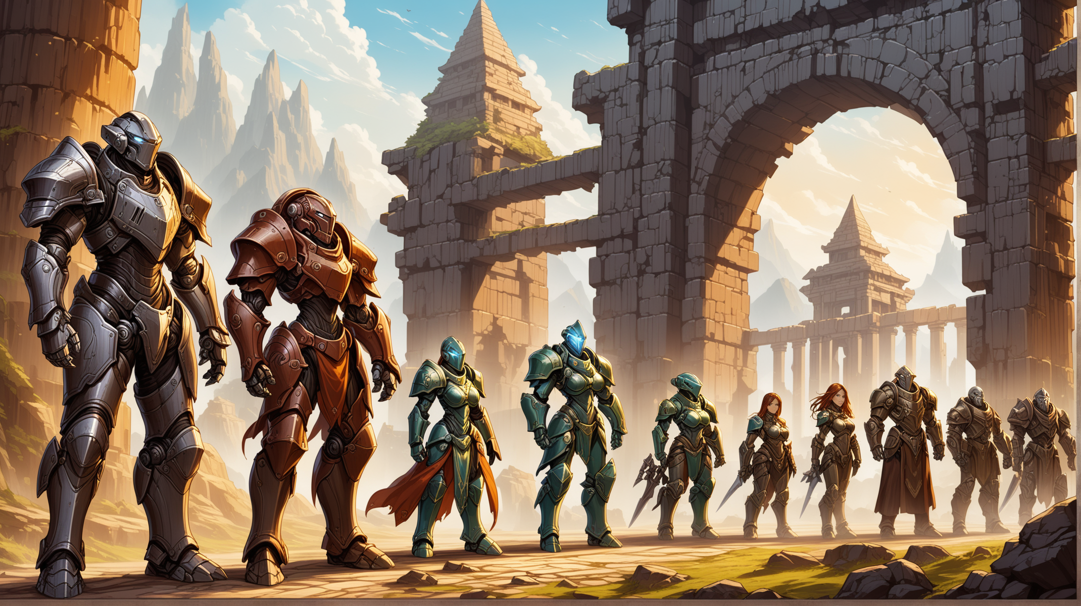 line-up of android construct adventurers, warforged warriors, Eberron, male and female constructs, ancient temple ruins, Medieval fantasy