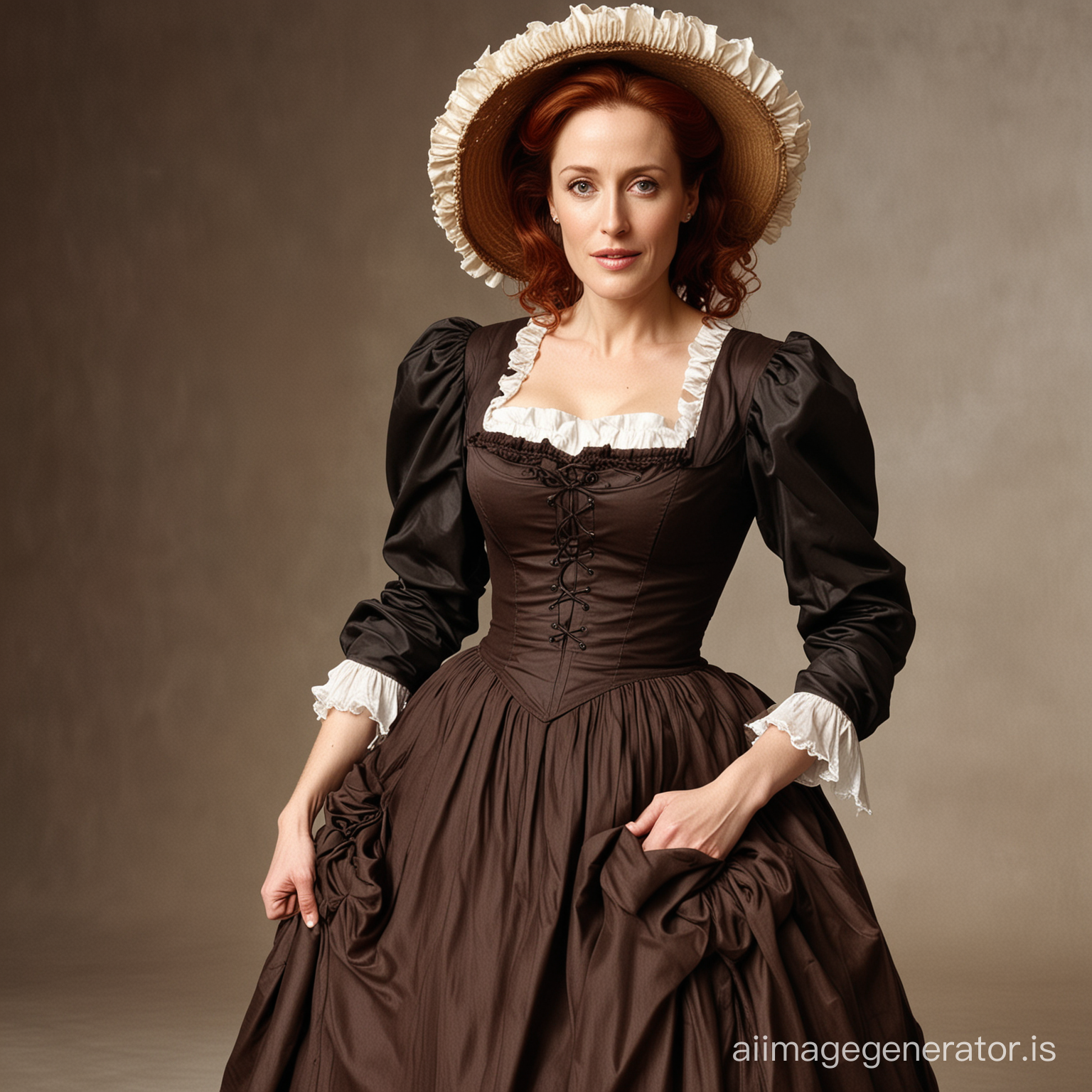 red haired Gillian Anderson dressed as an old west farmer's wife wearing a dark brown floor-length loose billowing old west poofy modest dress with layers of petticoats a long apron and a frilly bonnet hand in hand with an old farmer dressed into a black suit who seems to be her newlywed husband