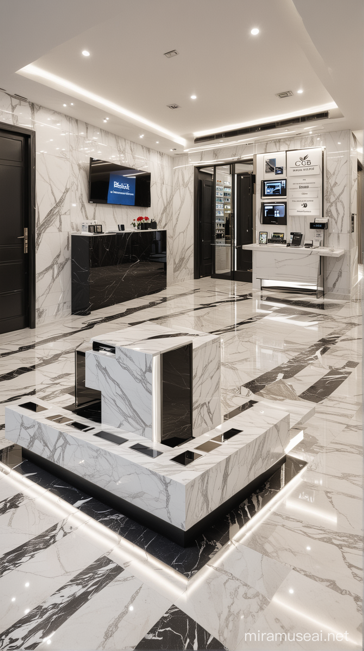 money transfer shop,cellphone,ultra modern design,floor,marble white and black , special reception