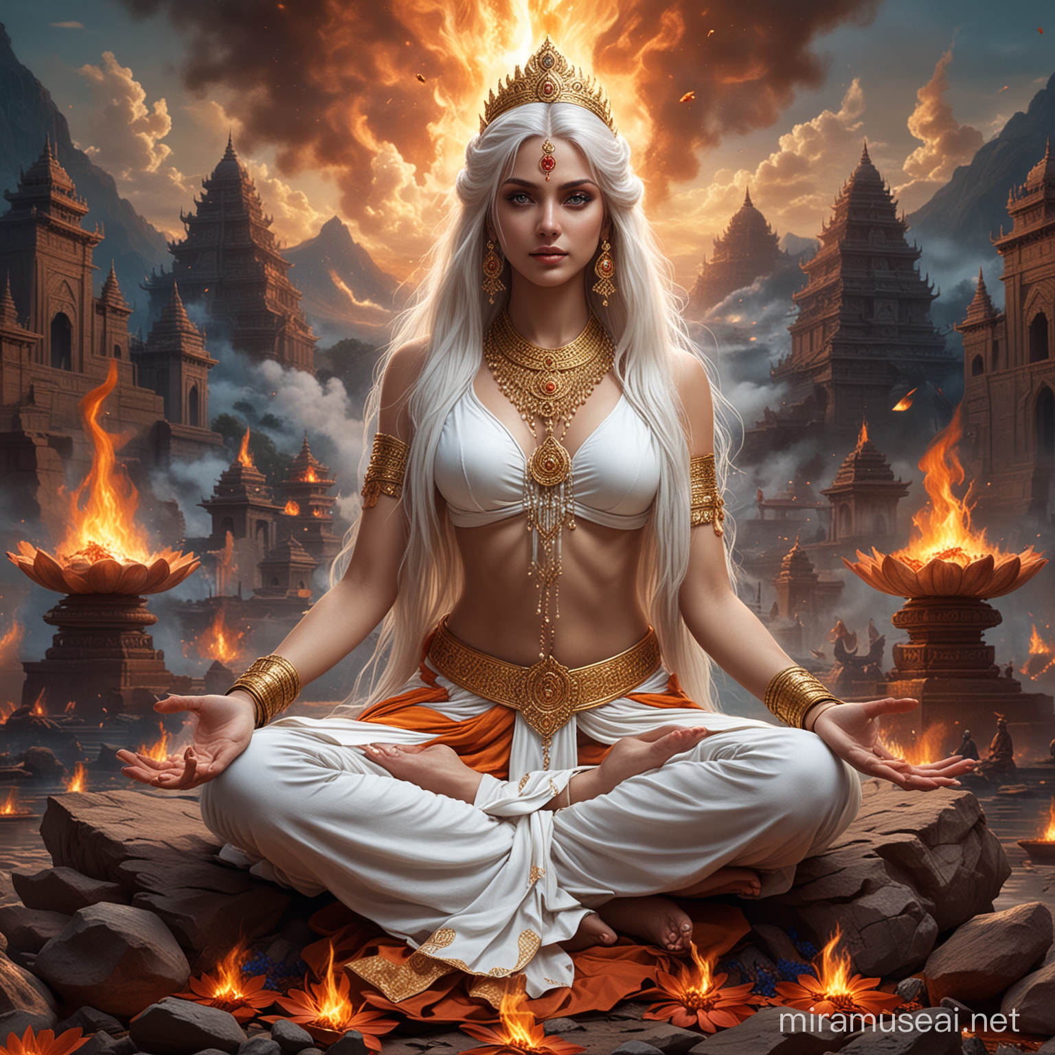Majestic Hindu Empress Surrounded by Fiery Demonic Goddesses