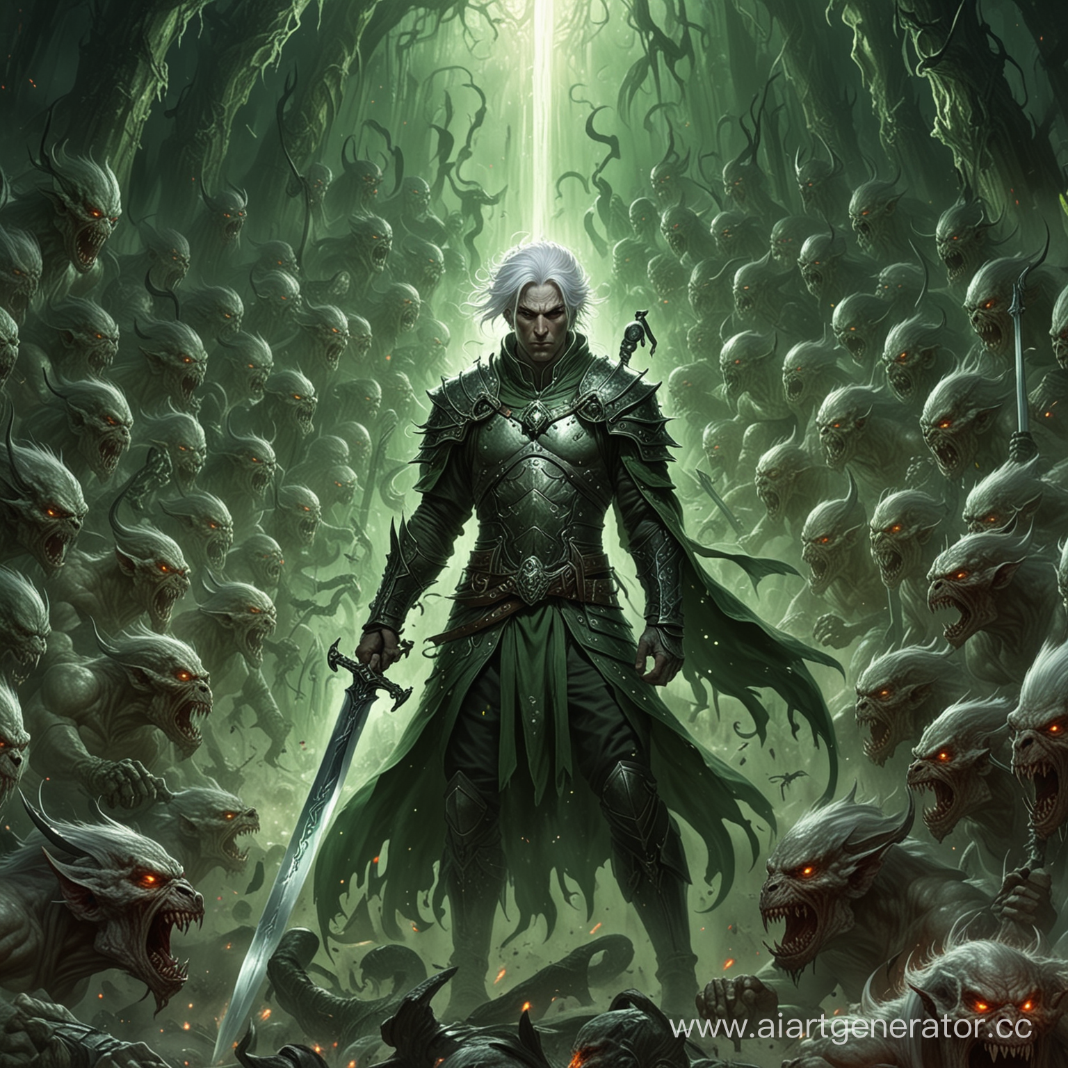Армия демонов врывается в ад через зелёный портал. Во главе армии демонов стоит мужчина, у которого белые волосы, длинный меч в правой руке.