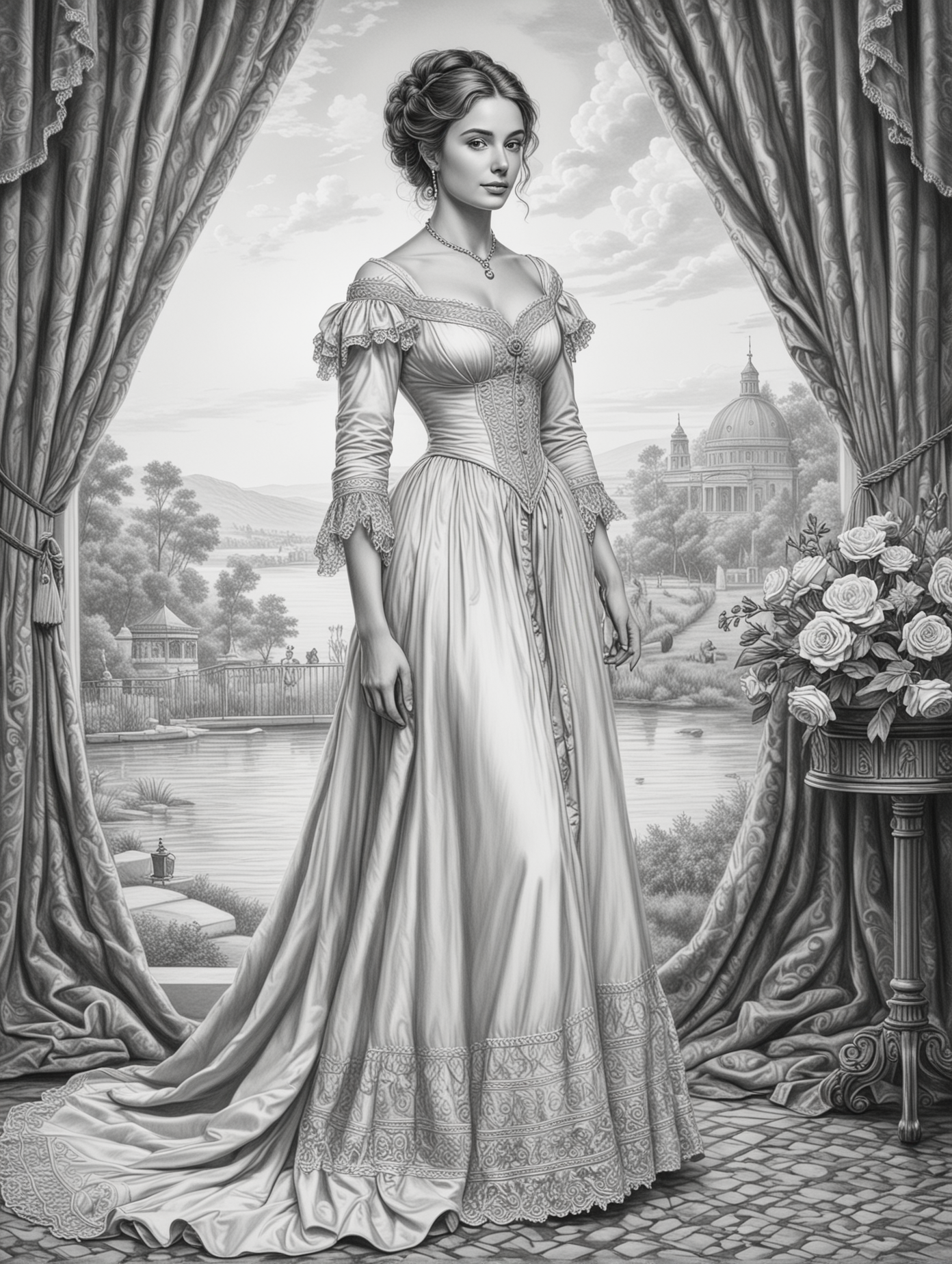 For an adult coloring page, realistic black and white illustration of a beautiful romantic woman from the regency era,  full length 