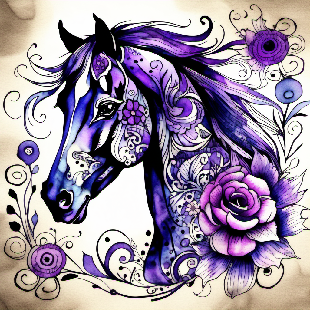 ink art styles of a horse with a floral pattern skin in purple, watercolors 