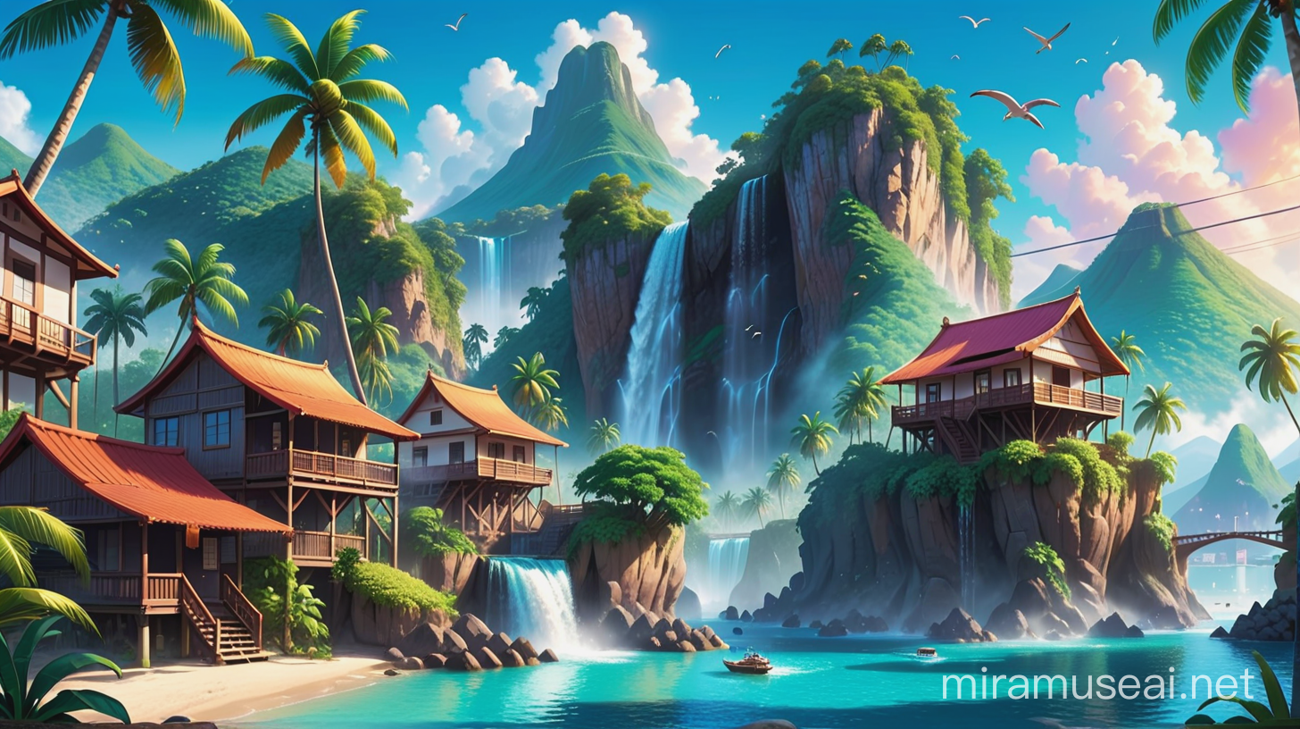 Tropical Island Comic Scene with Mountain Harbor Palm Trees and Waterfall