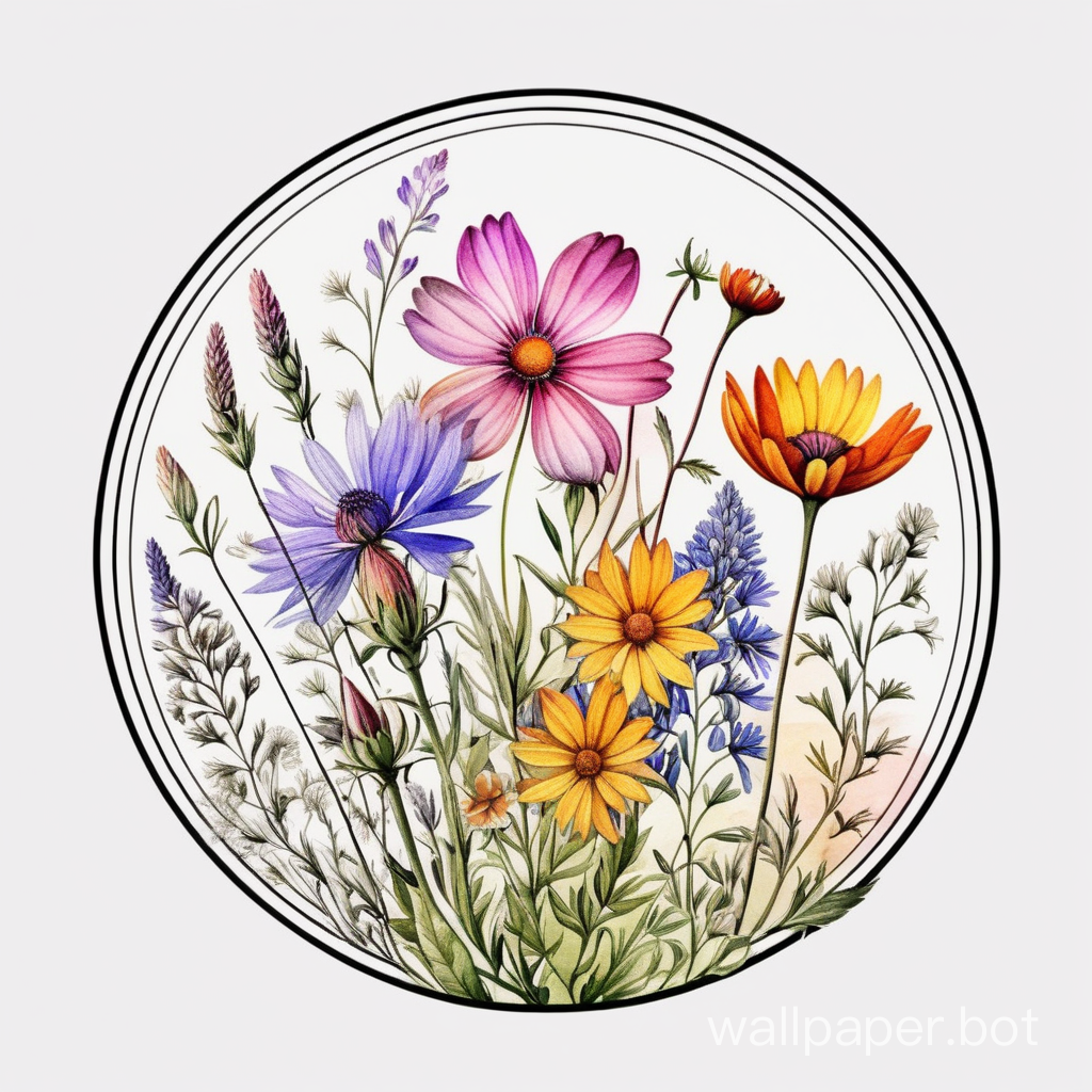 Amazing wildflower logo, masterpiece, organic circular, amazing lineart, flowers out of the border, watercolor, highcontrast colors, 