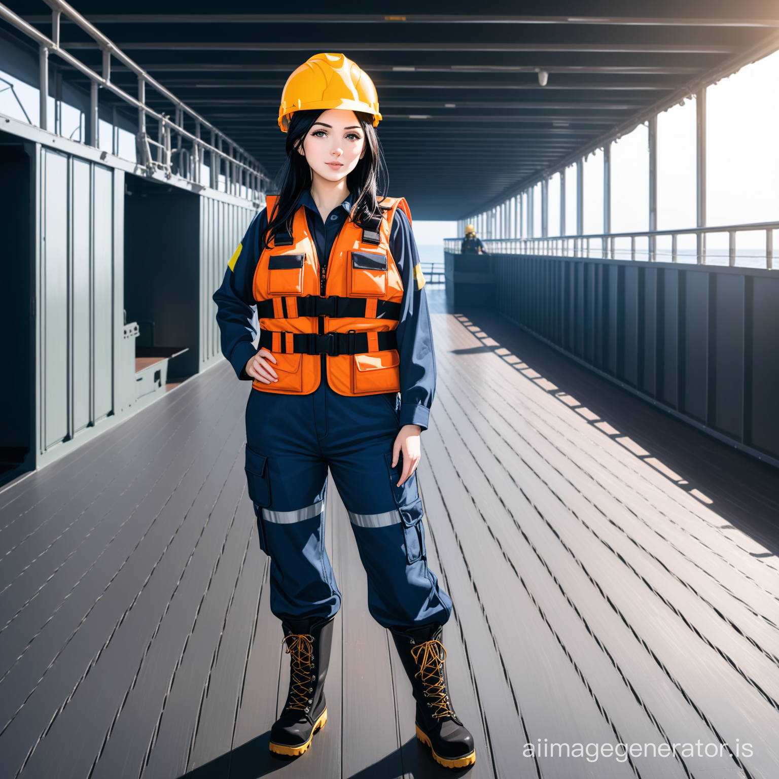 white girl with black hair wearing safety boots, life vest helmet and navy overall standing in a ship`s deck