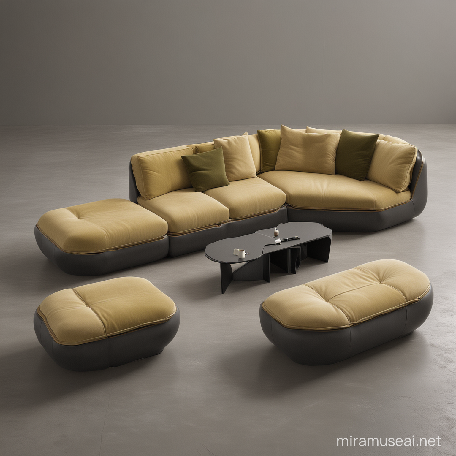 Futuristic Modular Sectional Sofa Set in Dark Gray Fabric and Olive OilColored Terry Cloth