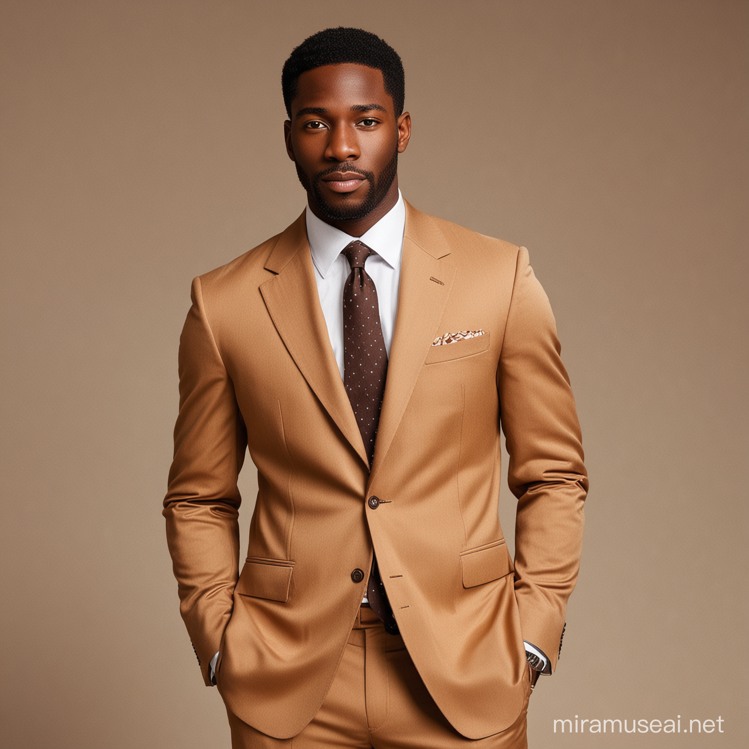 Stylish Black Man in Elegant Brown Suit with Confidence and Charm