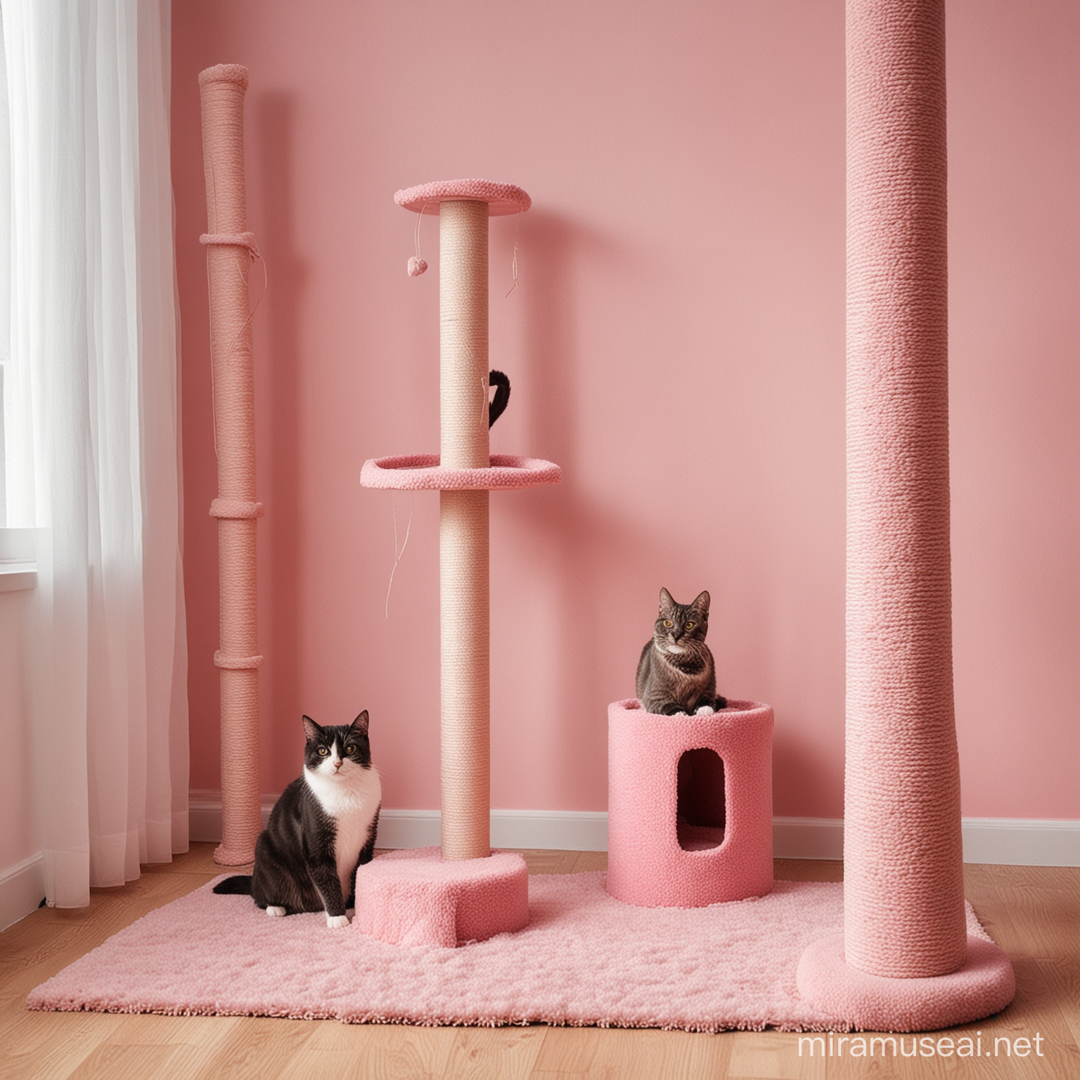 Кошка сидит рядом с когтеточкой в комнате в розовых оттенках