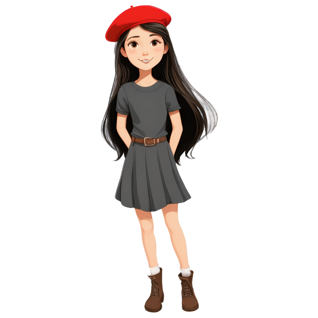 Cartoon drawing for Children's book. Draw A beautiful little girl with white skin, big light brown eyes and long black hair. She is around 12 years old. She is wearing a red beret hat