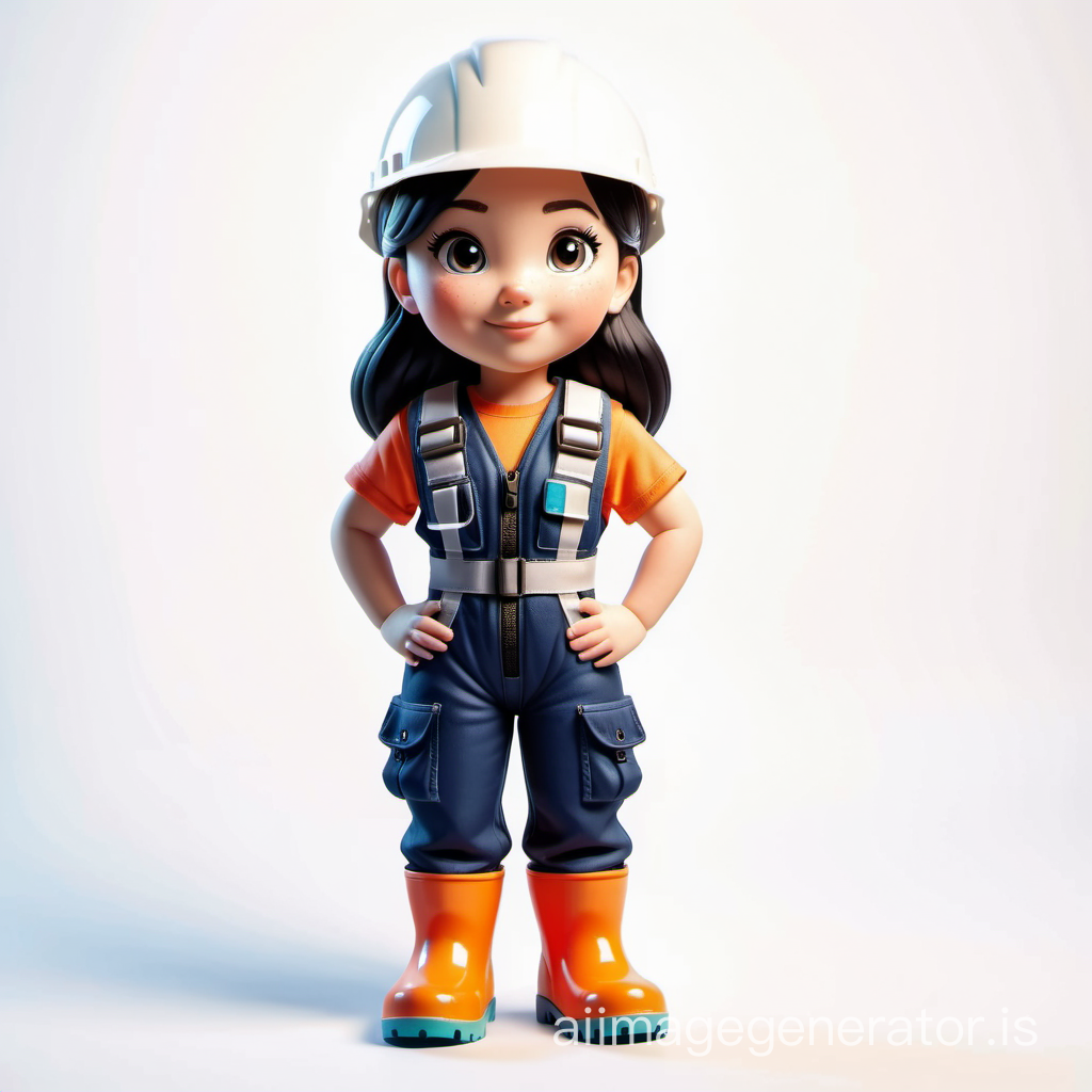 white  girl with black hair cartoon  wearing safety boots, life vest, white  helmet and navy overall standing with white background