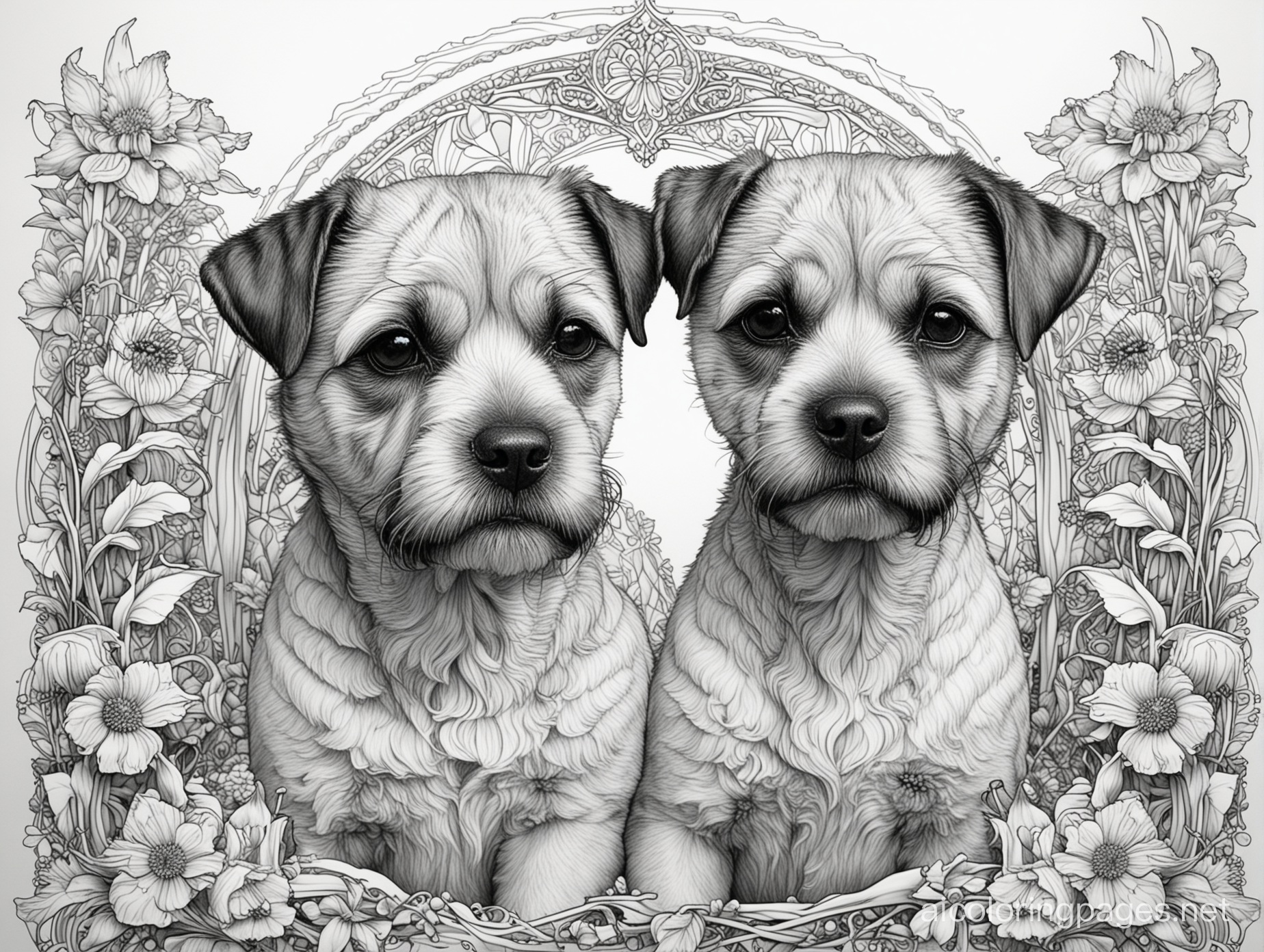 Border Terrier dogs, fantasy, ethereal, beautiful,  Art nouveau, in the style of Yossi Kotler, Coloring Page, black and white, line art, white background, Simplicity, Ample White Space. The background of the coloring page is plain white to make it easy for young children to color within the lines. The outlines of all the subjects are easy to distinguish, making it simple for kids to color without too much difficulty