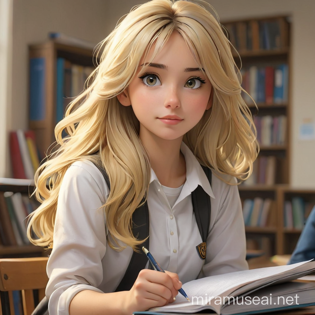 Blonde Hair Girl Student Studying with Books