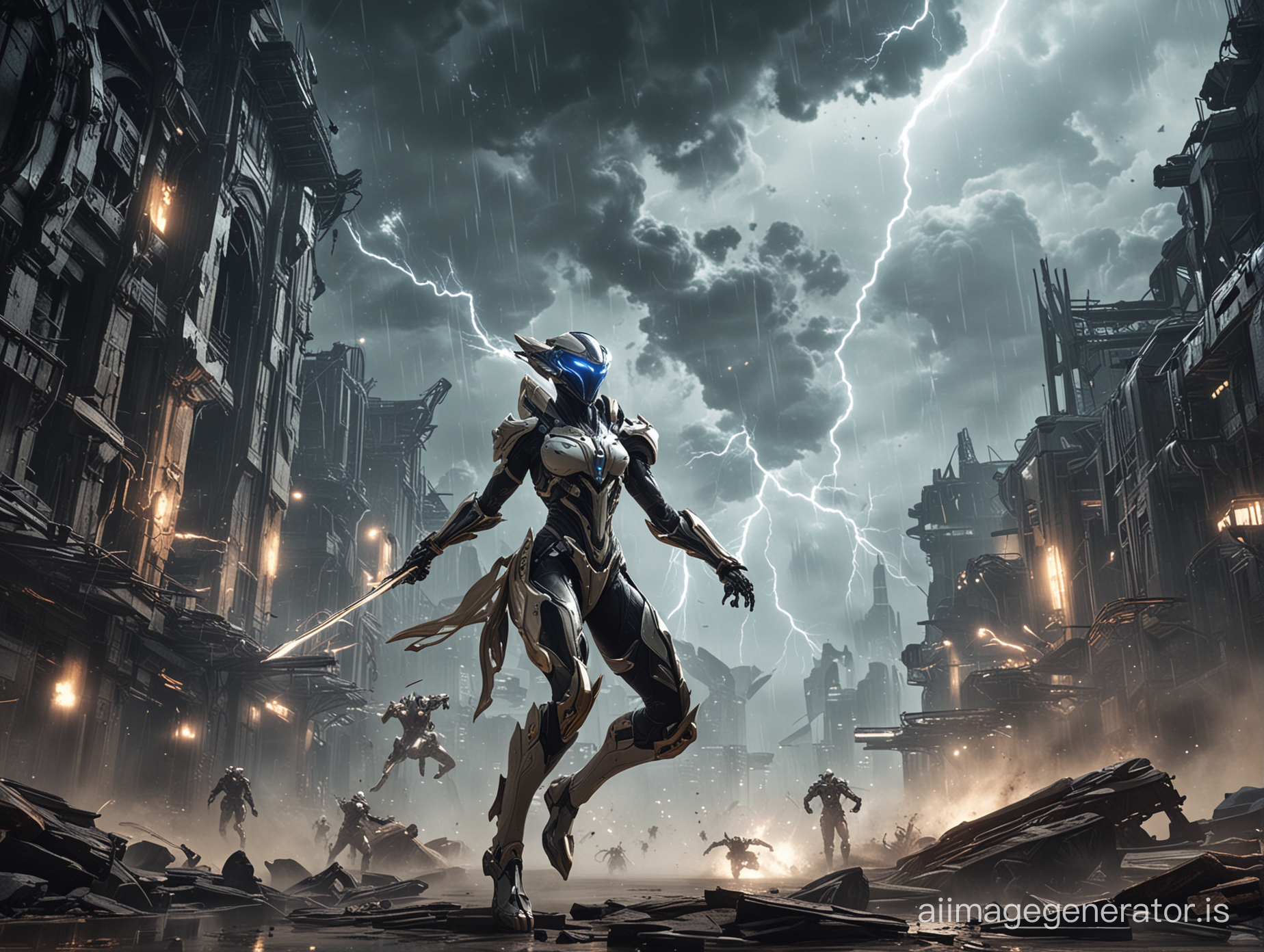 Warframe Styanax fighting in a ruined futuristic city with lightning flashing through the sky overhead