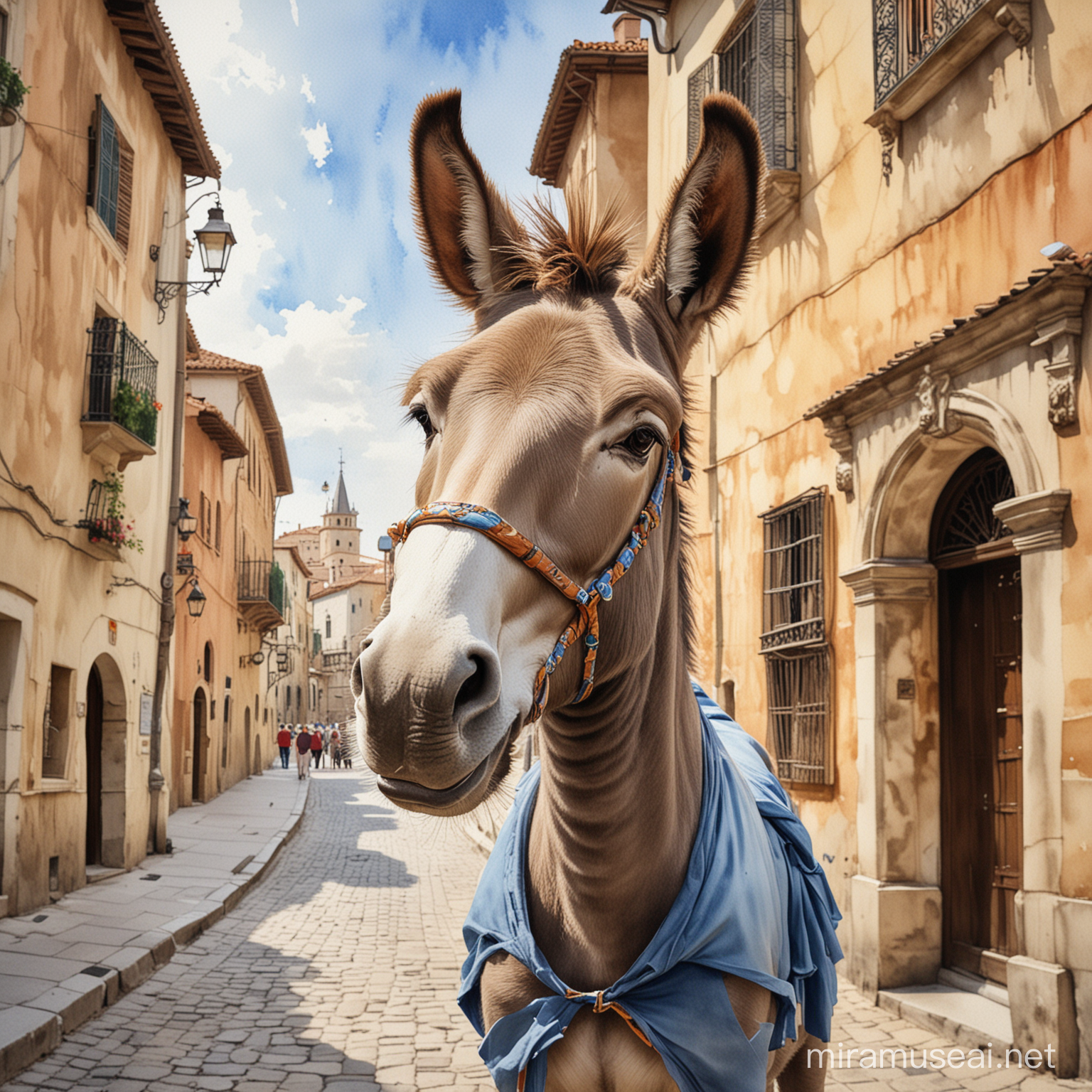 Whimsical Watercolor Donkey Caricature in Renaissance Cityscape