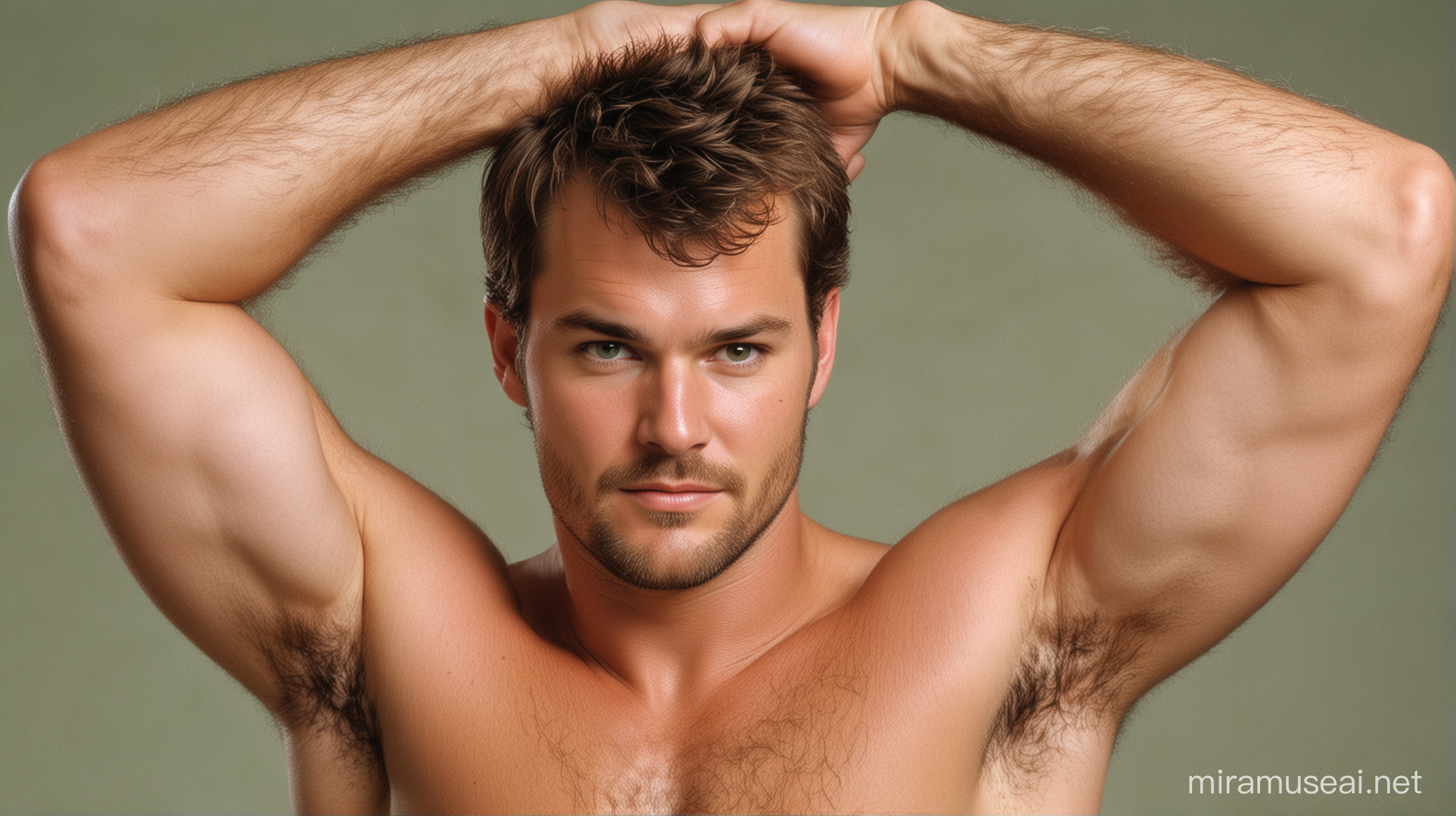 Young version, 25 years old, from the 1990s, very hairy, of actor Chris O'Donnell, thin beard, and very hairy body. O'Donnell, 25 years old, lifting and stretching his arms, showing strength, showing biceps and triceps, showing very hairy armpits, green eyes, no shirt, very hairy chest like in the past, very short hair almost shaved, serious expression, thin beard, very hairy body and chest.
