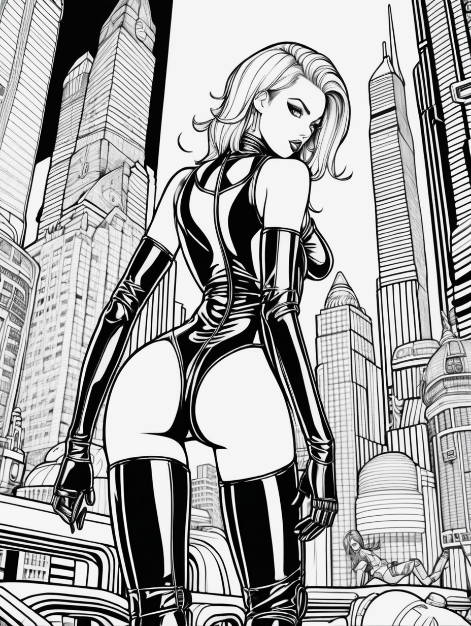 Adult coloring book, GIANTESS female domination,  CRUSHING things
, LATEX GIMP, erotic sexual poses, WEARING FULL LATEX CATSUIT, , sexy, kinky, fetish BLACK AND WHITE, thick black outline,  futuristic CITY DETAILED BACKGROUND