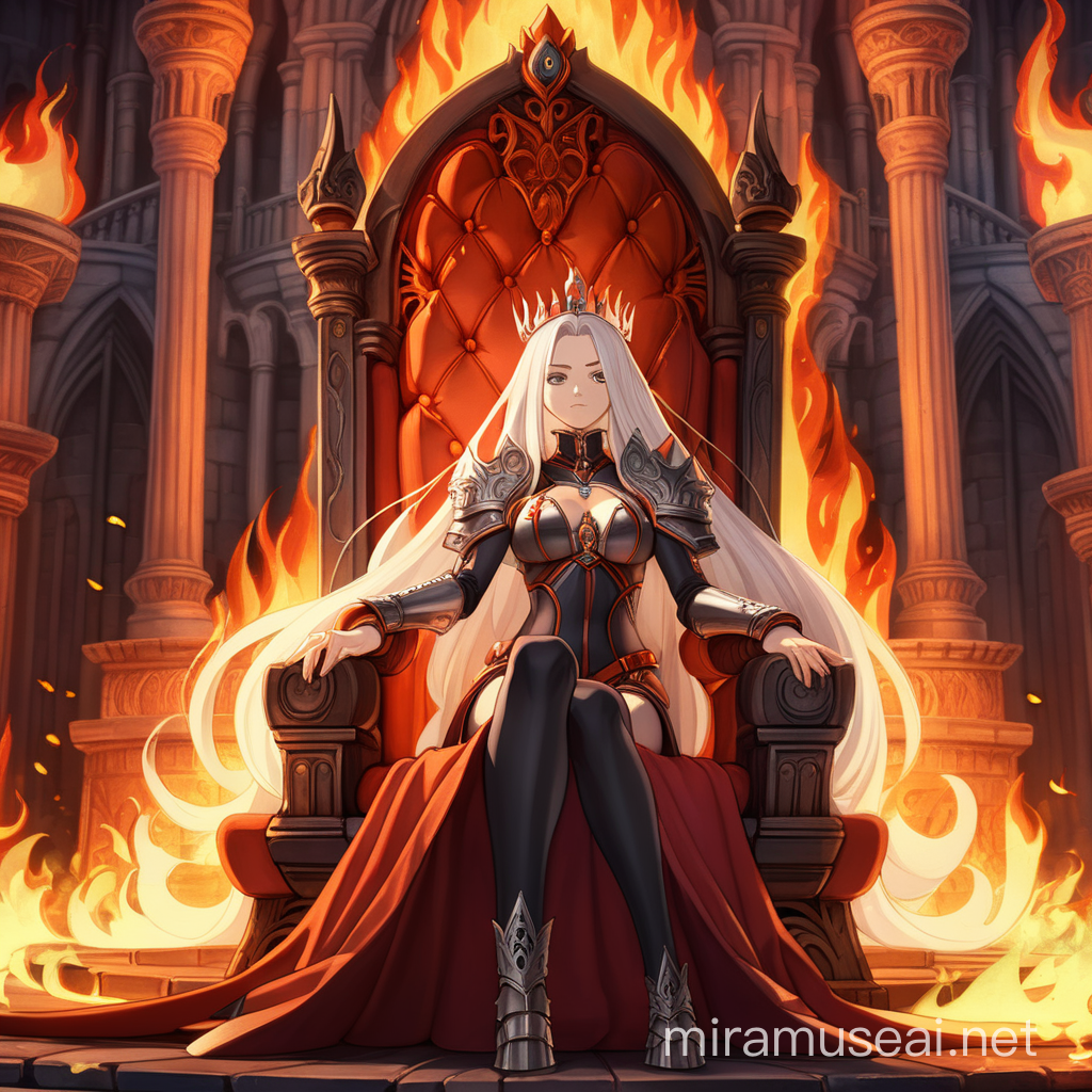 Lava Queen sits on her throne in a grand and fiery castle. She has long hair. Flames flickering in the background. anime style