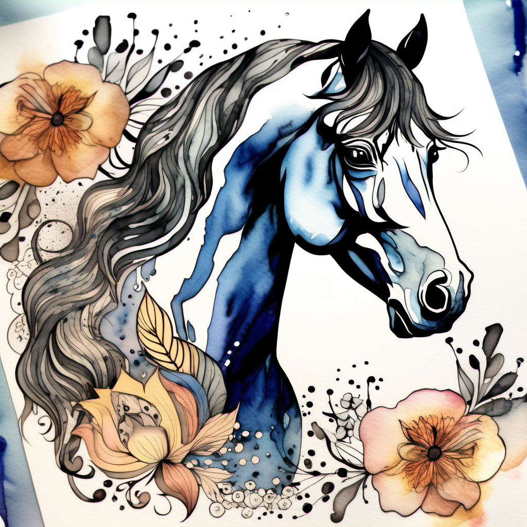 ink art styles of a horse with a floral pattern skin in watercolors 