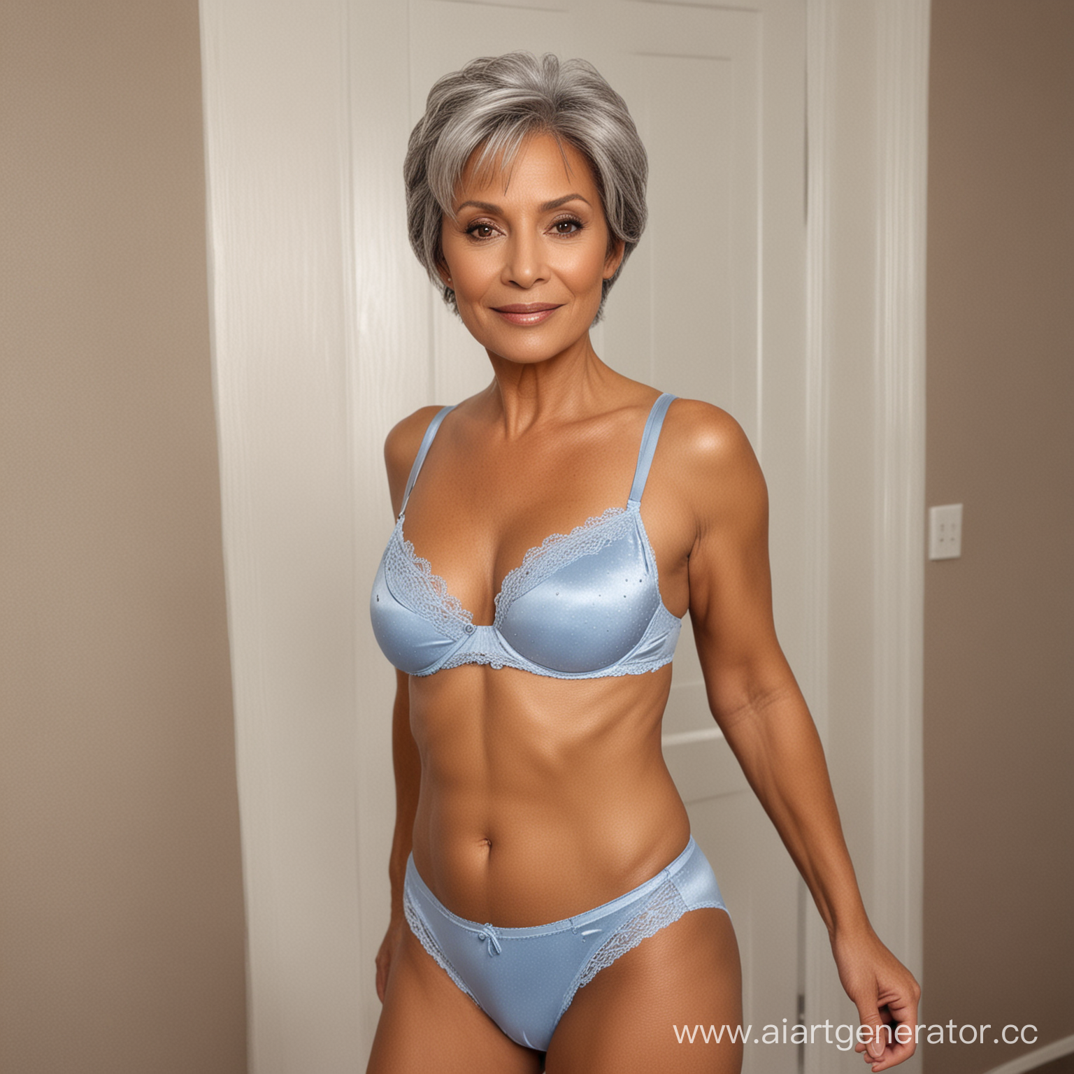 creates a mature woman, 60 years old, with brown skin, silver hair, in her hall with, in her bedroom with faint blue panties