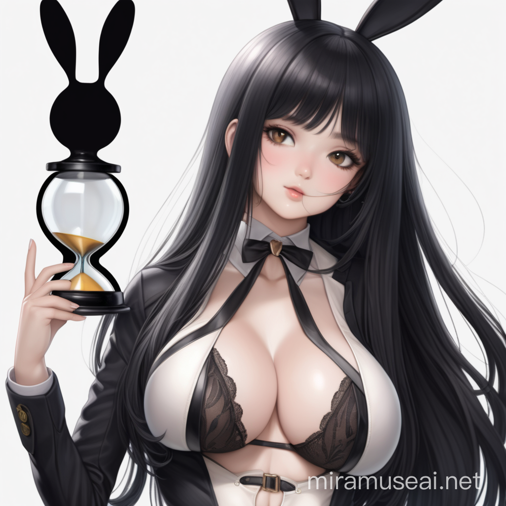 A girl with a hourglass figure and long black hair weraing a bunny girl suit.