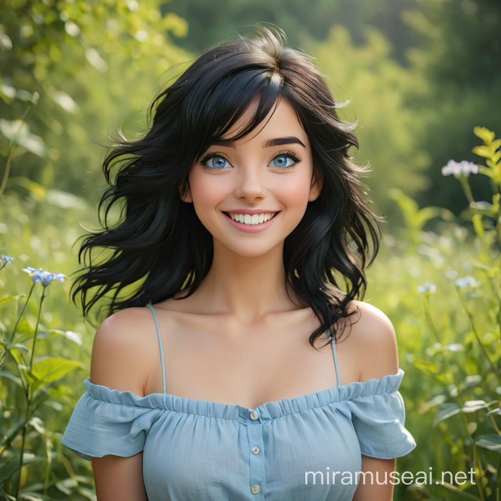 Beautiful BlackHaired Woman with Blue Eyes Smiling in Natural Setting