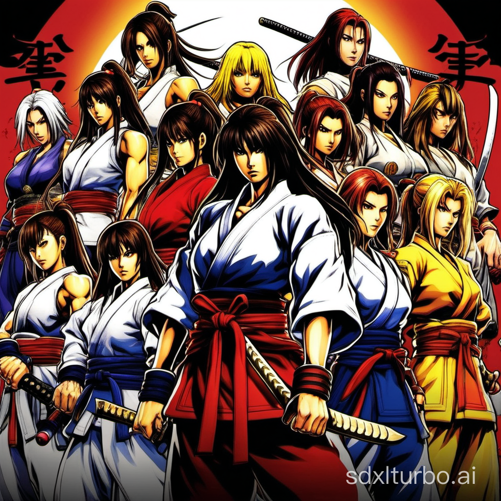 all female fighters of samurai shodown in a close group photo standing together