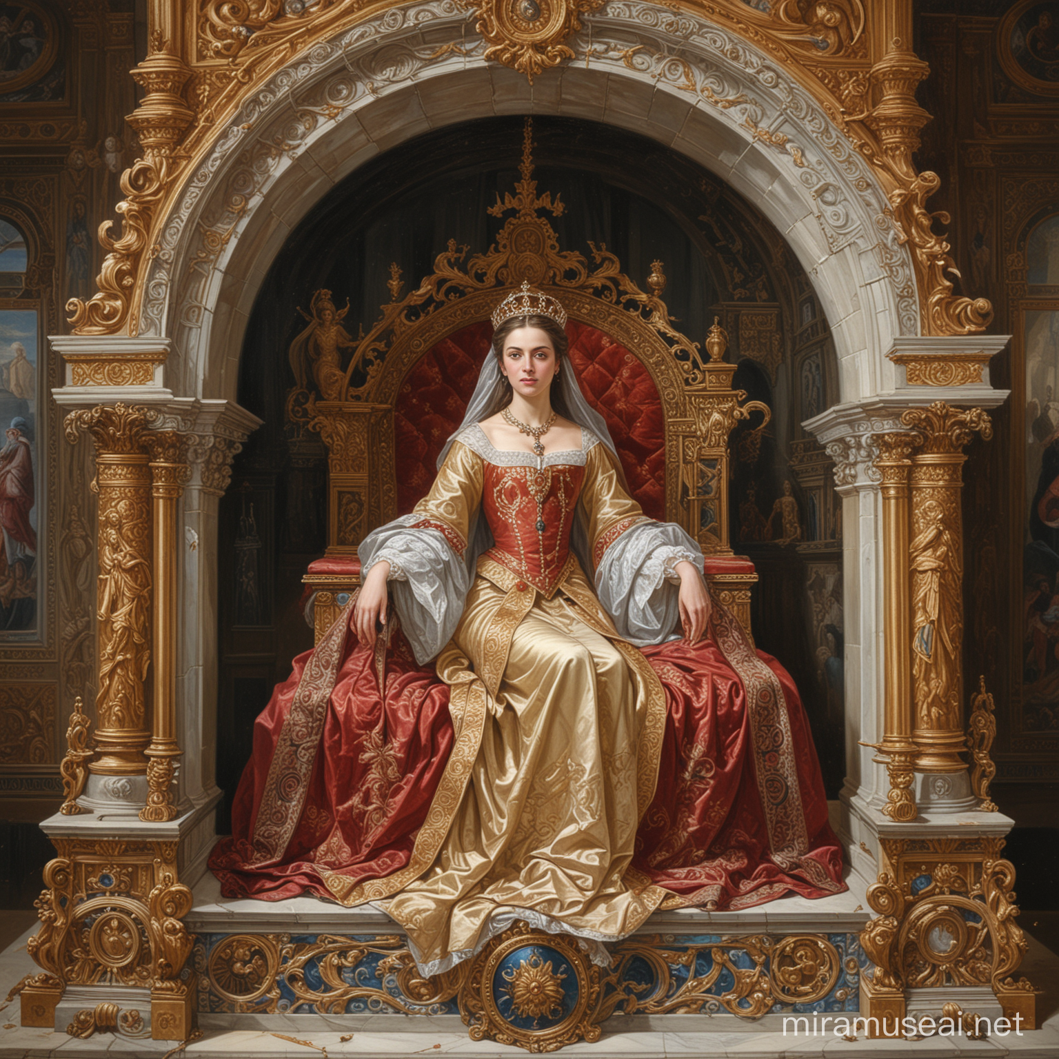 Countess,The image is a painting of a person sitting on a throne. It depicts Ilis Countofe of Kildare, Elip, the daughter of Rich, Dail ri Ranchogle, Zy Ast 7. Wof The Daughter of Land Wilowlis of Pahan. The painting features a woman in royal attire.The image is of a large ornate clock inside a building. The clock is located at the 10 o'clock position. The building appears to be a cathedral or a place of worship, featuring baroque and Byzantine architecture with symmetrical design elements.Lying on back with face to the side